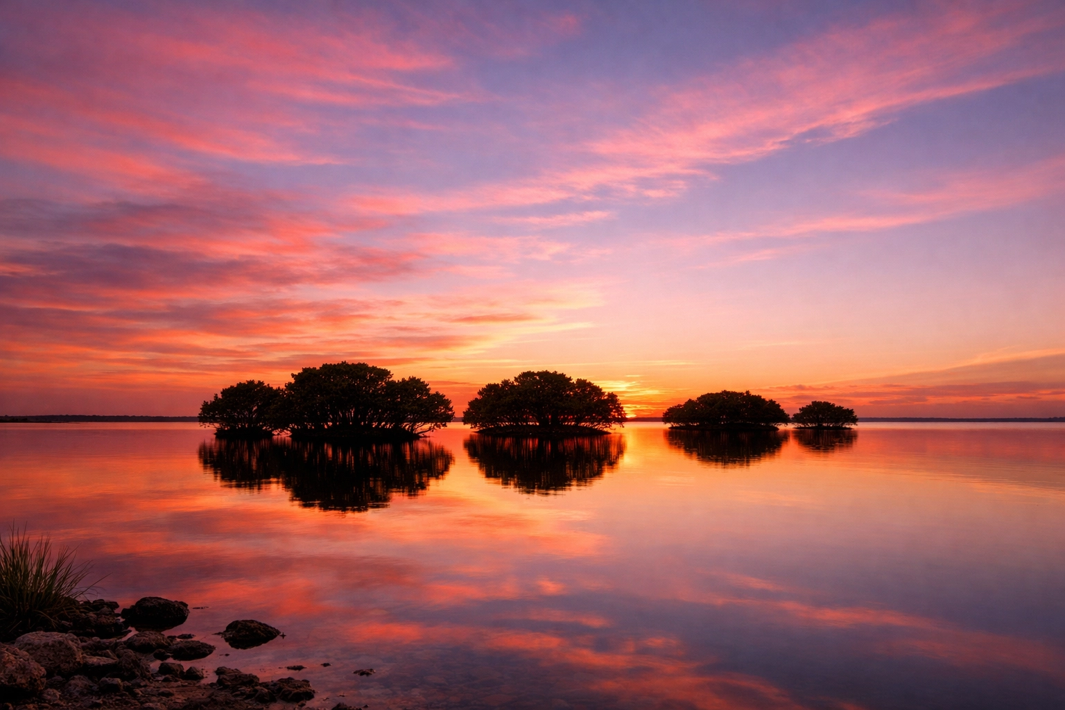 Sunset landscape photography Everglades view of Florida Bay with silhouetted mangroves in Flamingo.