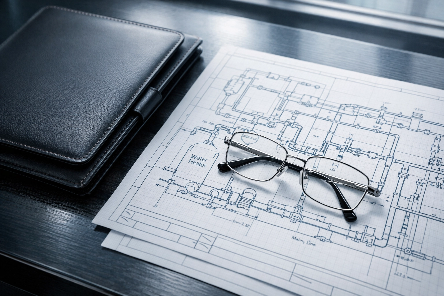 Professional blueprints and business documents for a North Carolina plumbing company sale.