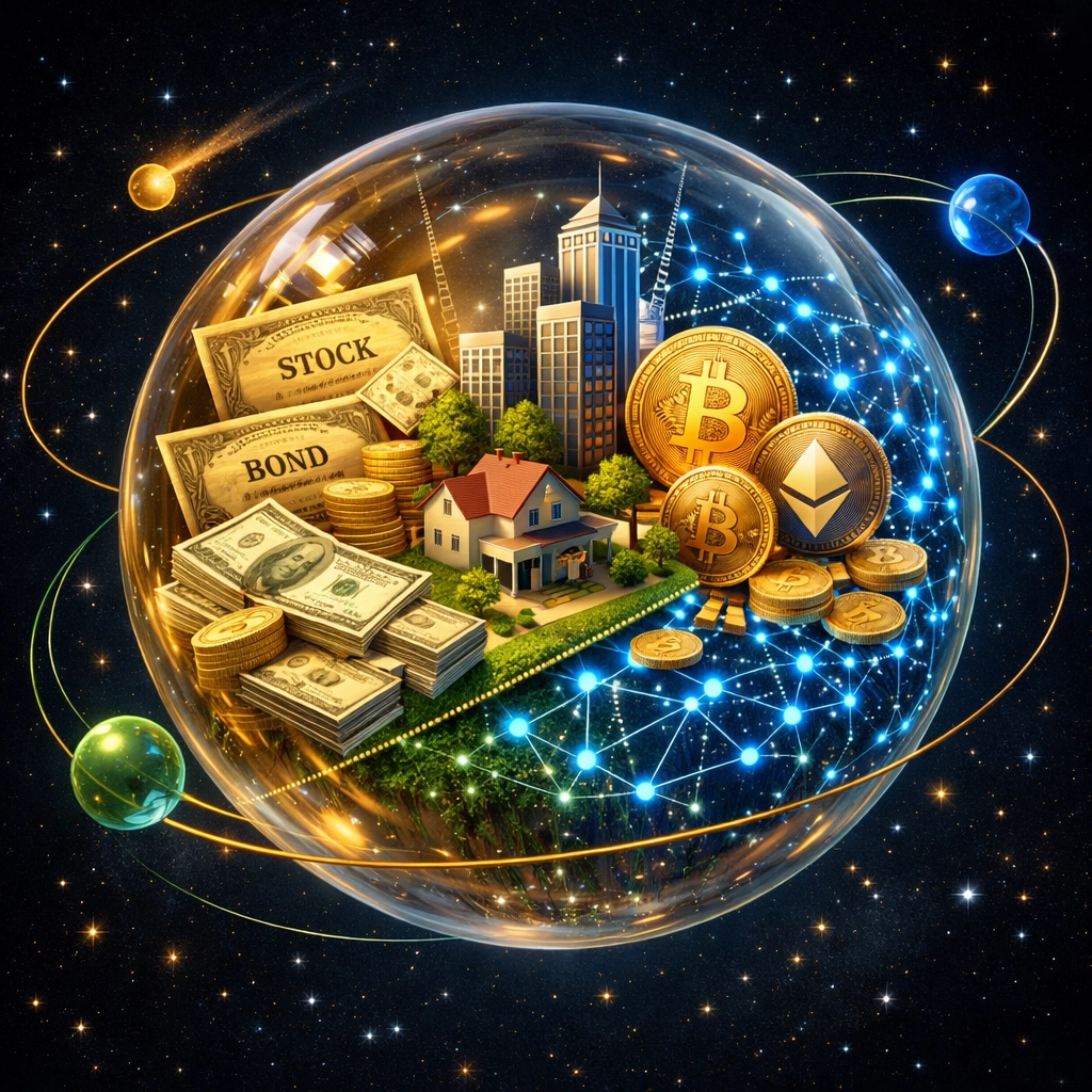 Integrated wealth management portfolio balancing traditional assets, real estate, and digital currencies