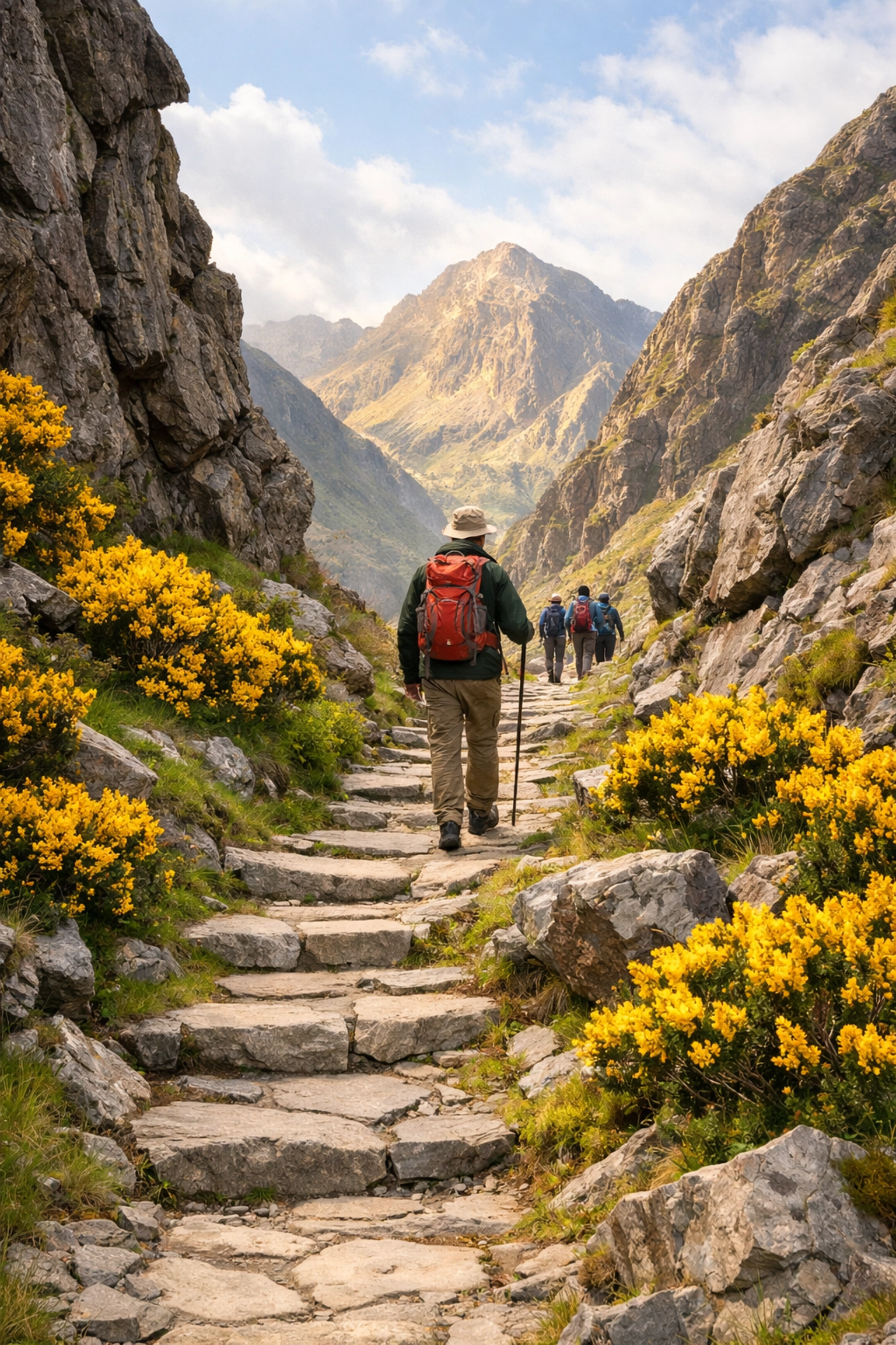 A professional guide leading a small group along a stone trail in the Lake District mountains.
