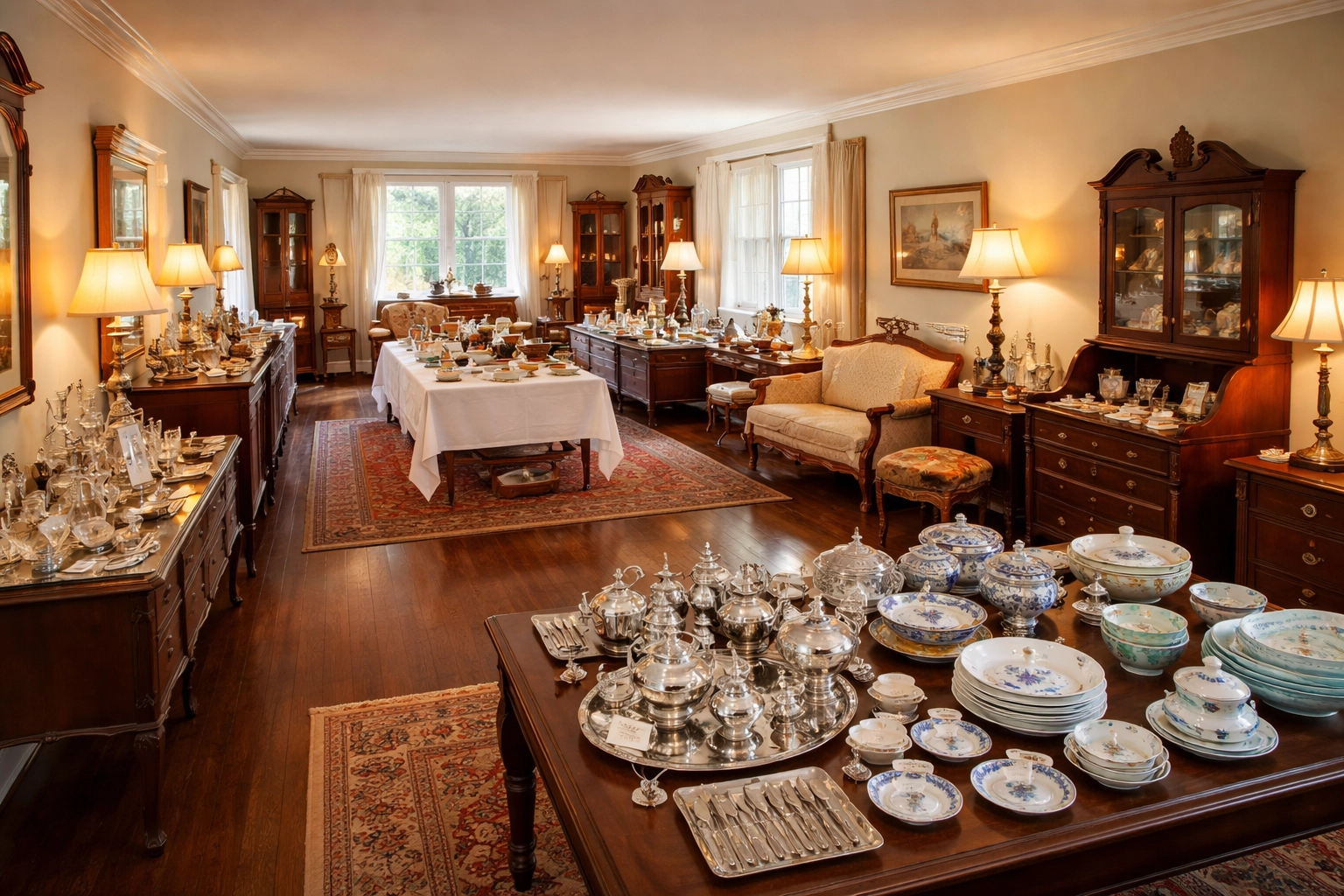 Estate sale with antique furniture and dishware at a Columbus home, illustrating estate liquidation services