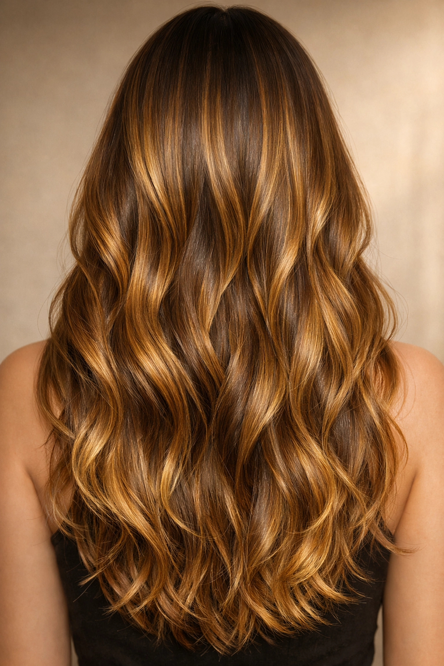 Long hair with honey balayage highlights, a stunning transformation by a hairdresser in Concord NH.