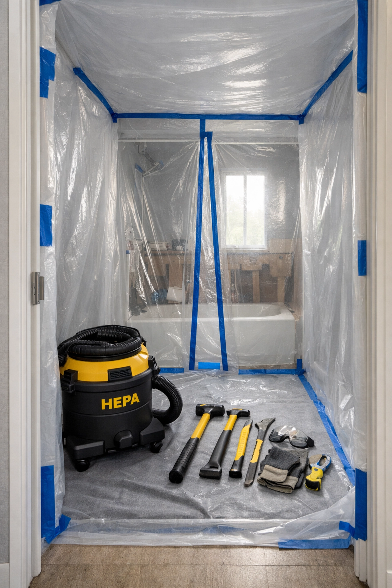 EPA-compliant bathroom demolition with plastic containment and HEPA vacuum for lead-safe work