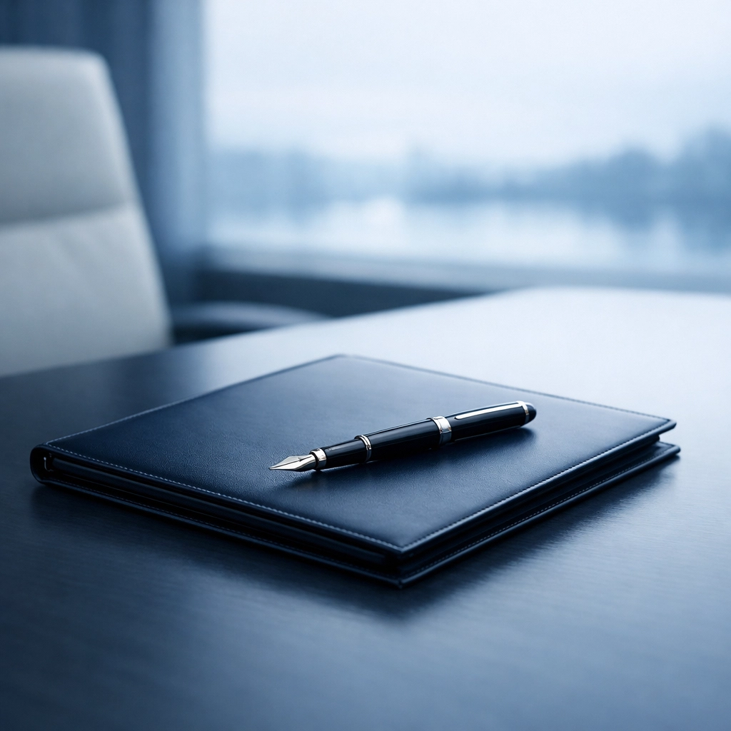 Professional executive desk with folder and pen representing the start of an Alabama business sale.