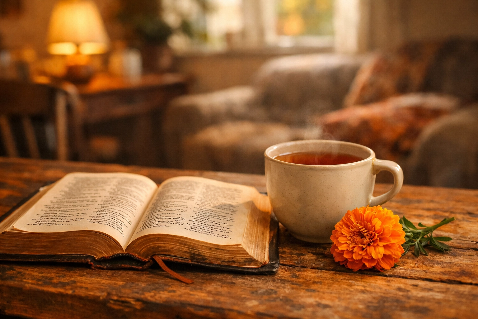 An open Bible and a cup of tea on a table, reflecting the peace of a Christian house church.