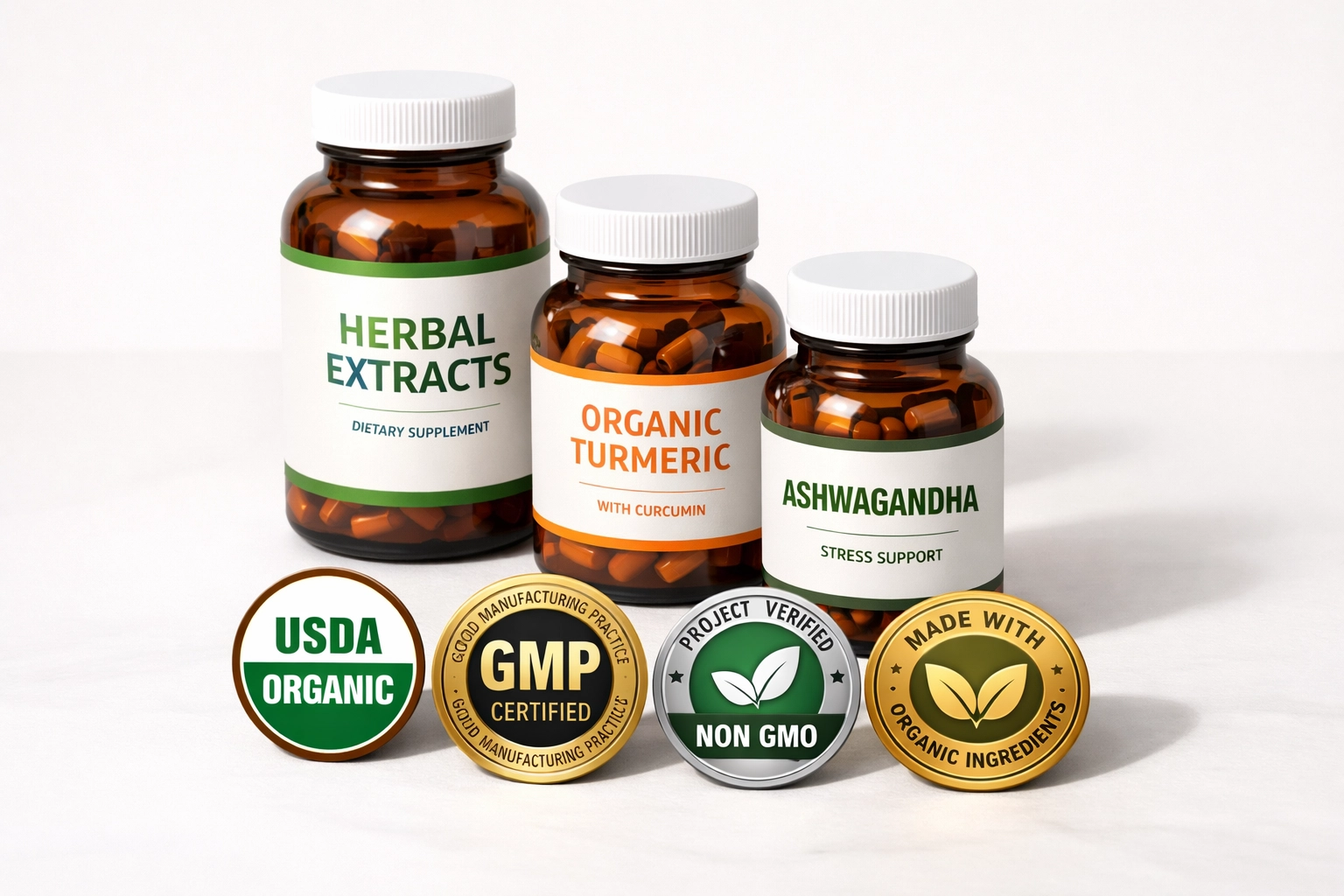 Herbal supplement bottles with third-party certification seals and quality badges
