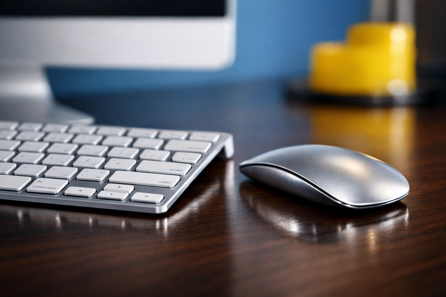 Sanitized office workstation with a clean keyboard and mouse on a polished desk to boost productivity.
