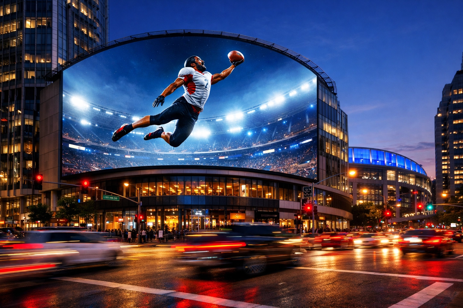 Large curved digital billboard at a busy urban intersection featuring a sports action shot.