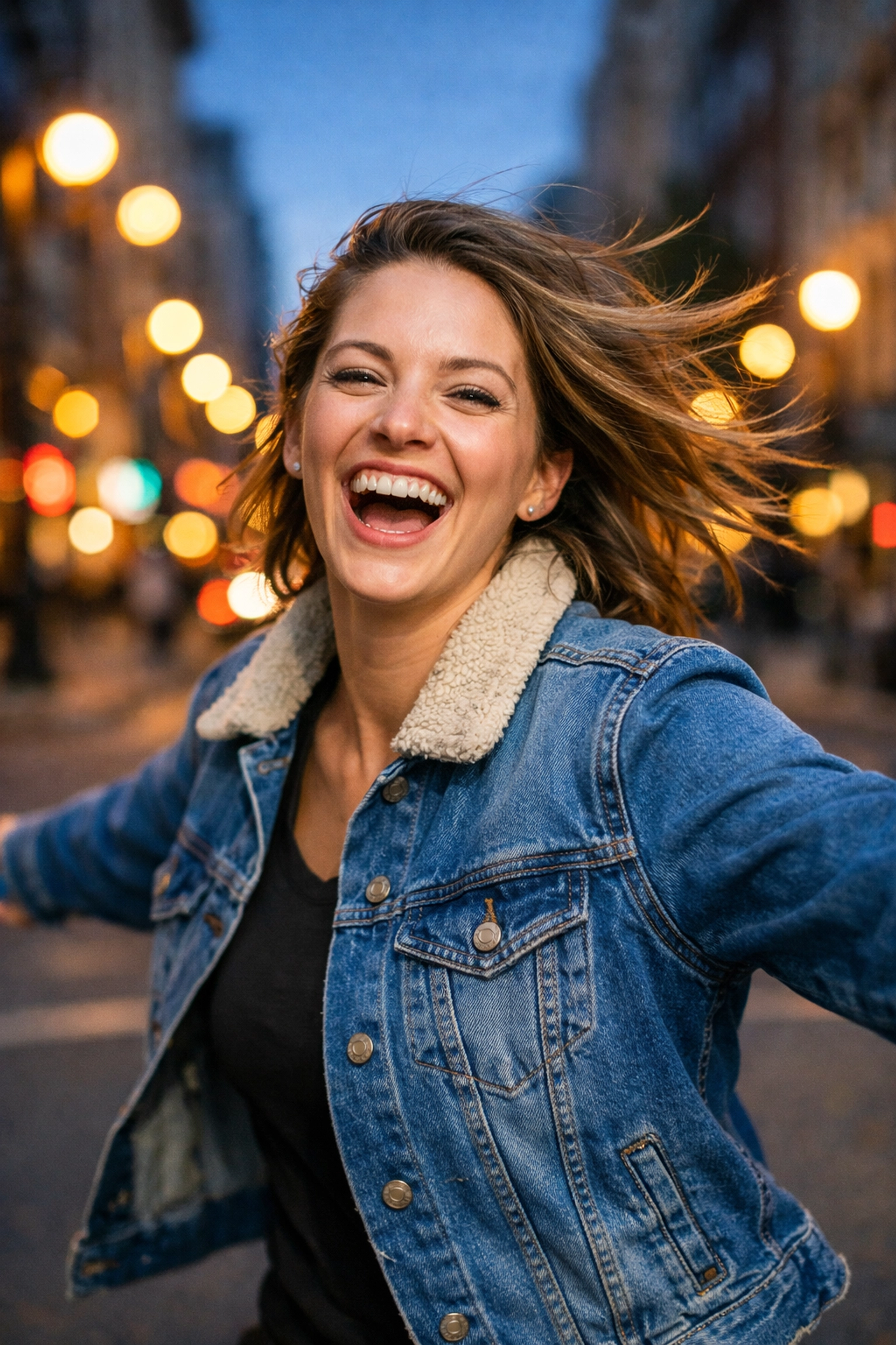 Sharp action portrait photography using a fast shutter speed to freeze movement on a city street.