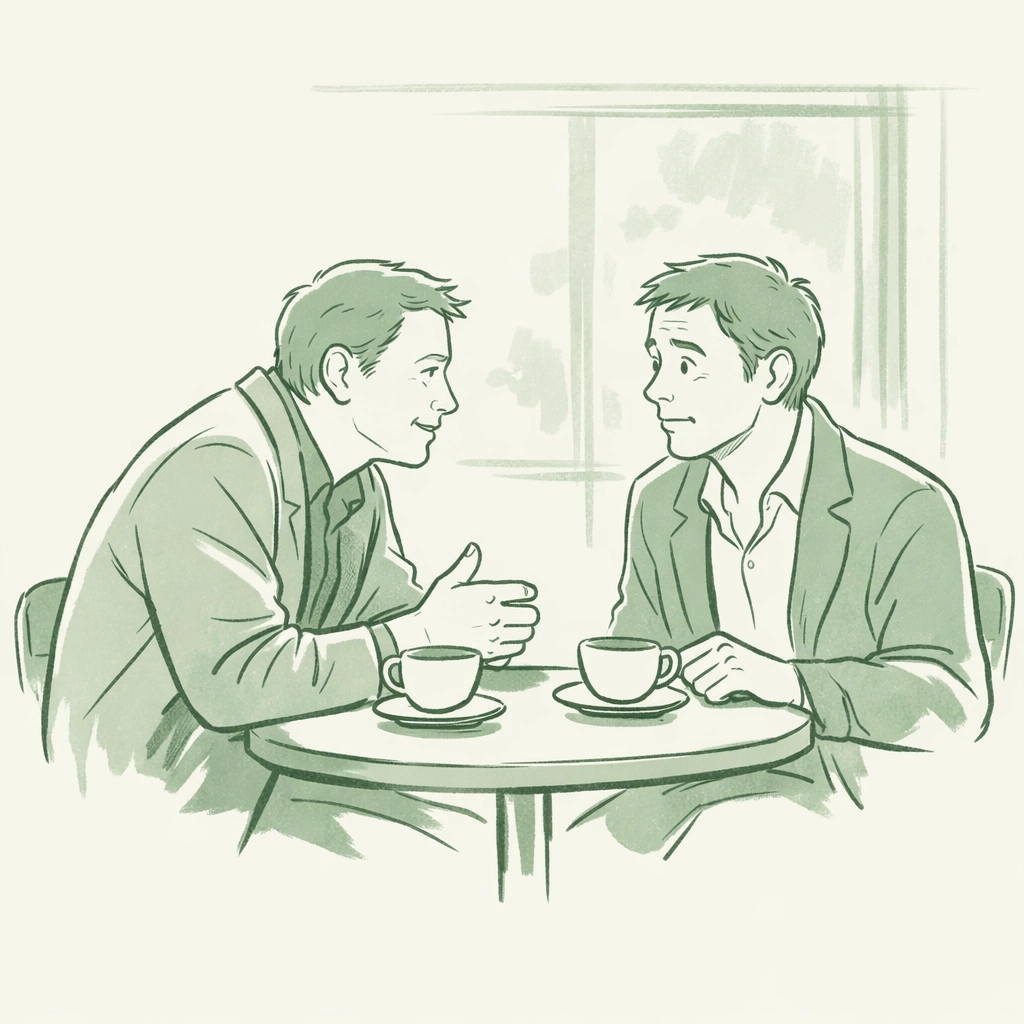 Gay men in intimate café conversation - emotional connection in MM romance