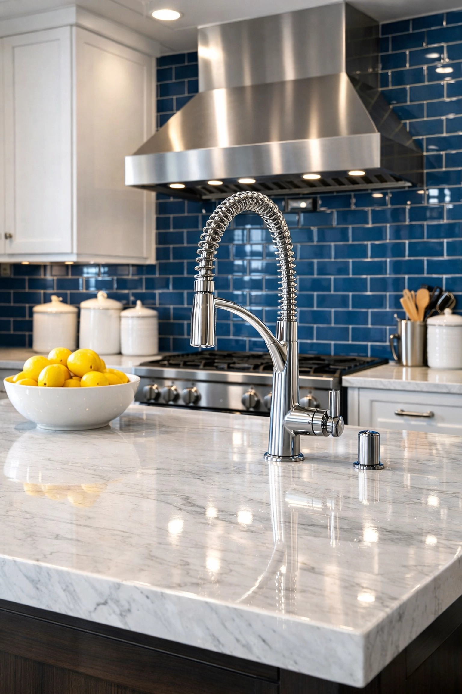 Modern kitchen with a sparkling marble island and faucet from expert house cleaning Dunstable MA services.