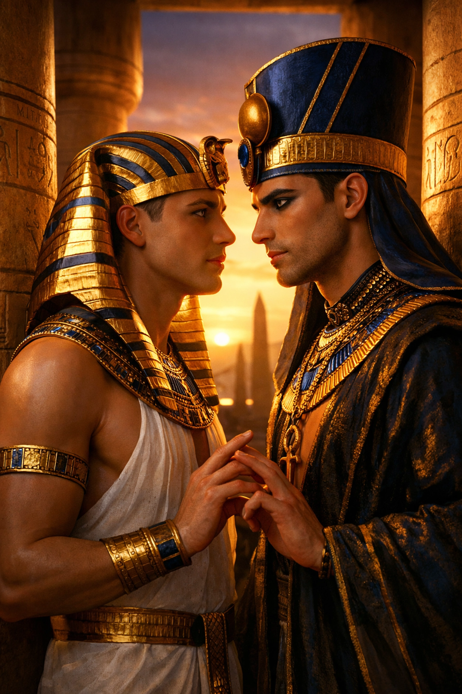 Young pharaoh and high priest share longing glance in Ancient Egyptian temple - MM romance forbidden love