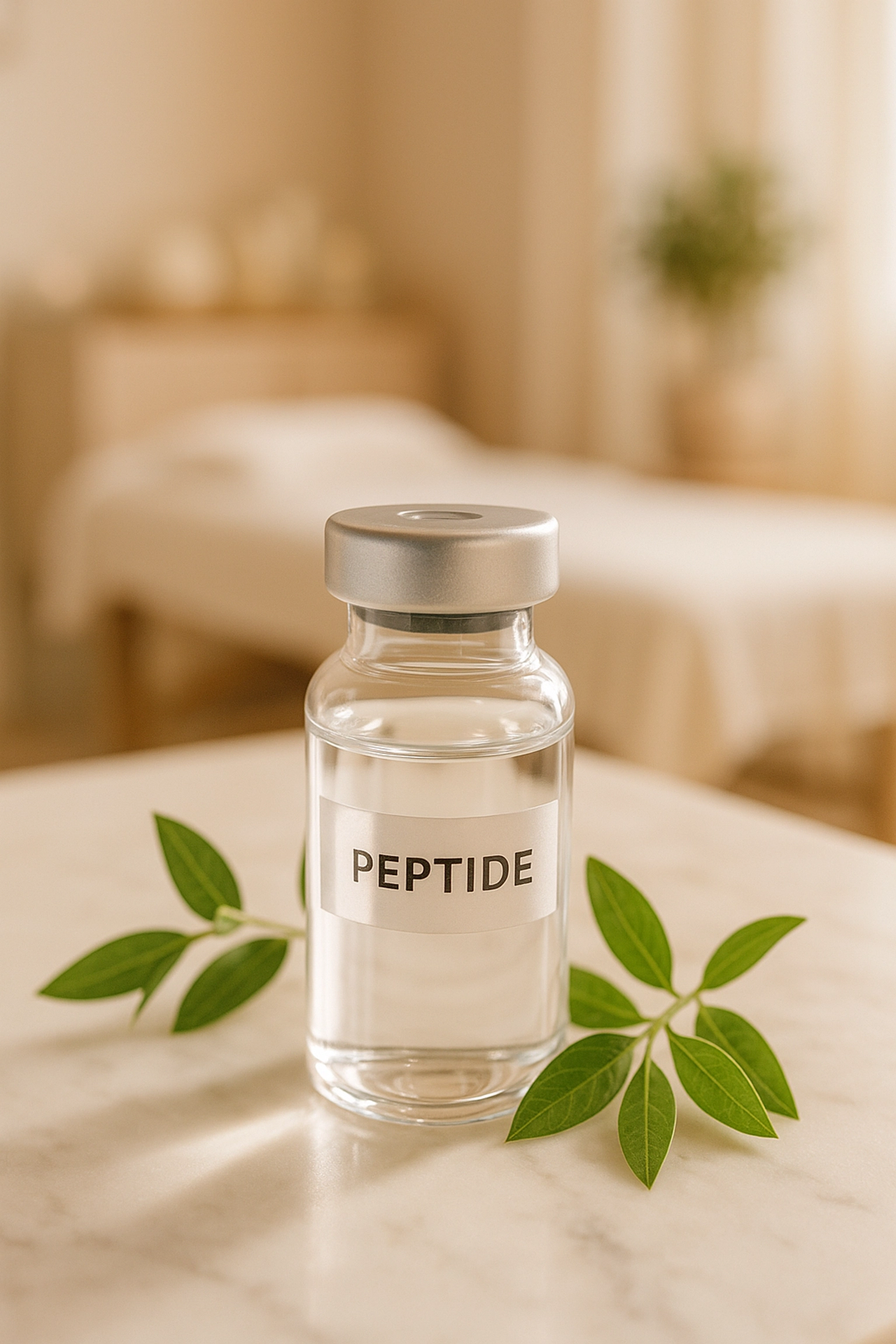 Glass vial of peptide therapy solution on marble, representing modern mood and mental wellness treatments