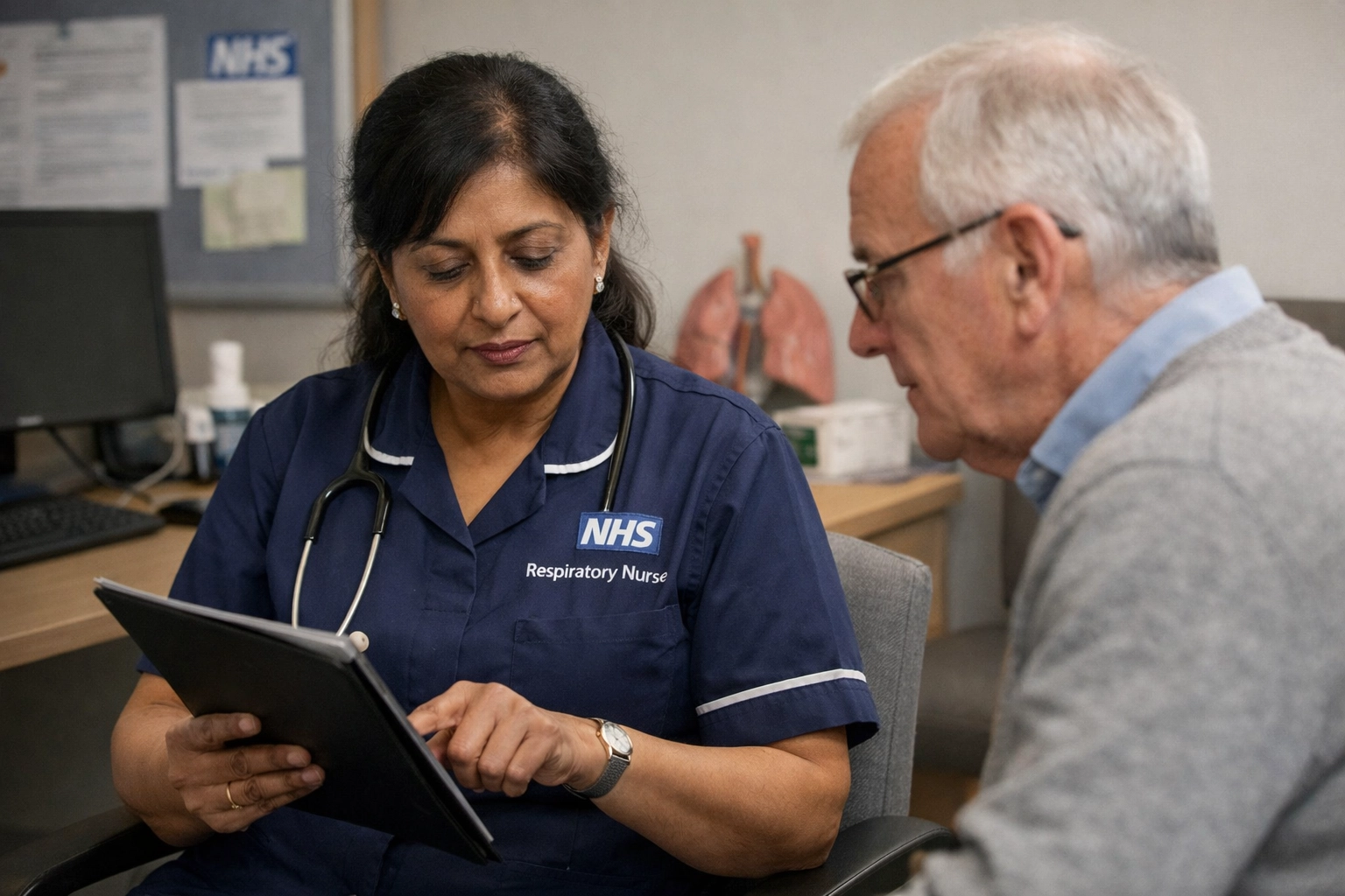 NHS respiratory nurse providing palliative care consultation for an older COPD patient in the UK.