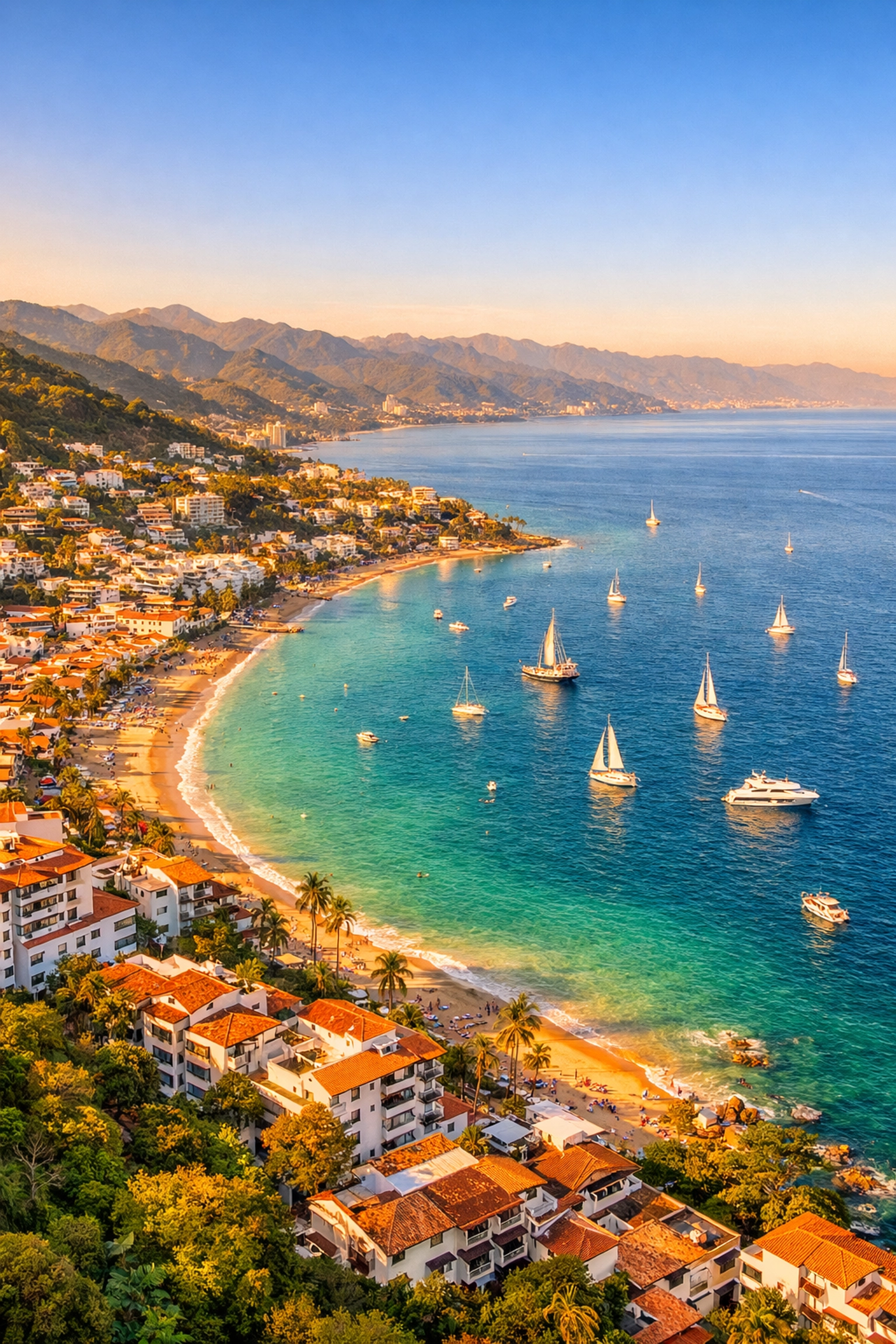Aerial view of Puerto Vallarta coastline and Banderas Bay with low-rise buildings and mountains