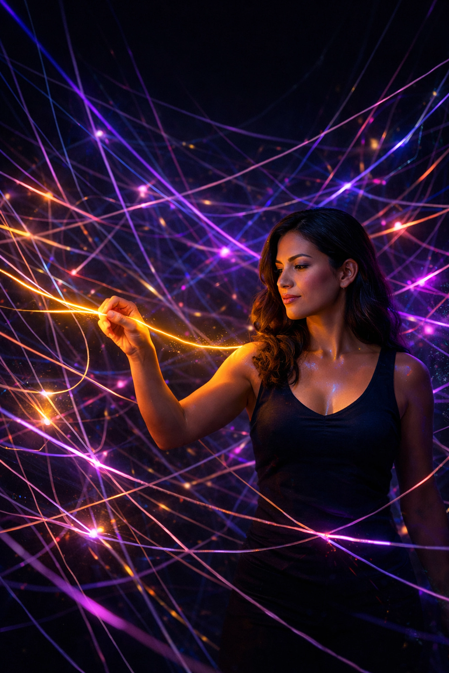 Latino woman navigating complex glowing data threads to find strategic truth, representing high-value human insight.