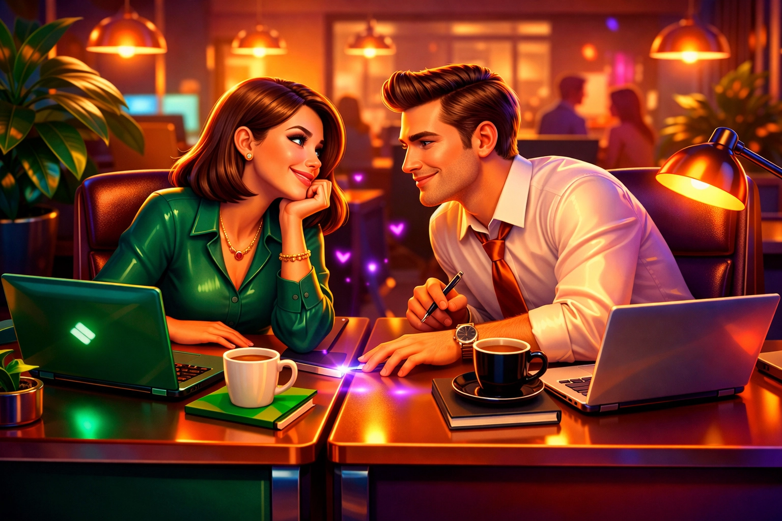 Two coworkers sharing a flirtatious moment at their office desks during a workplace romance