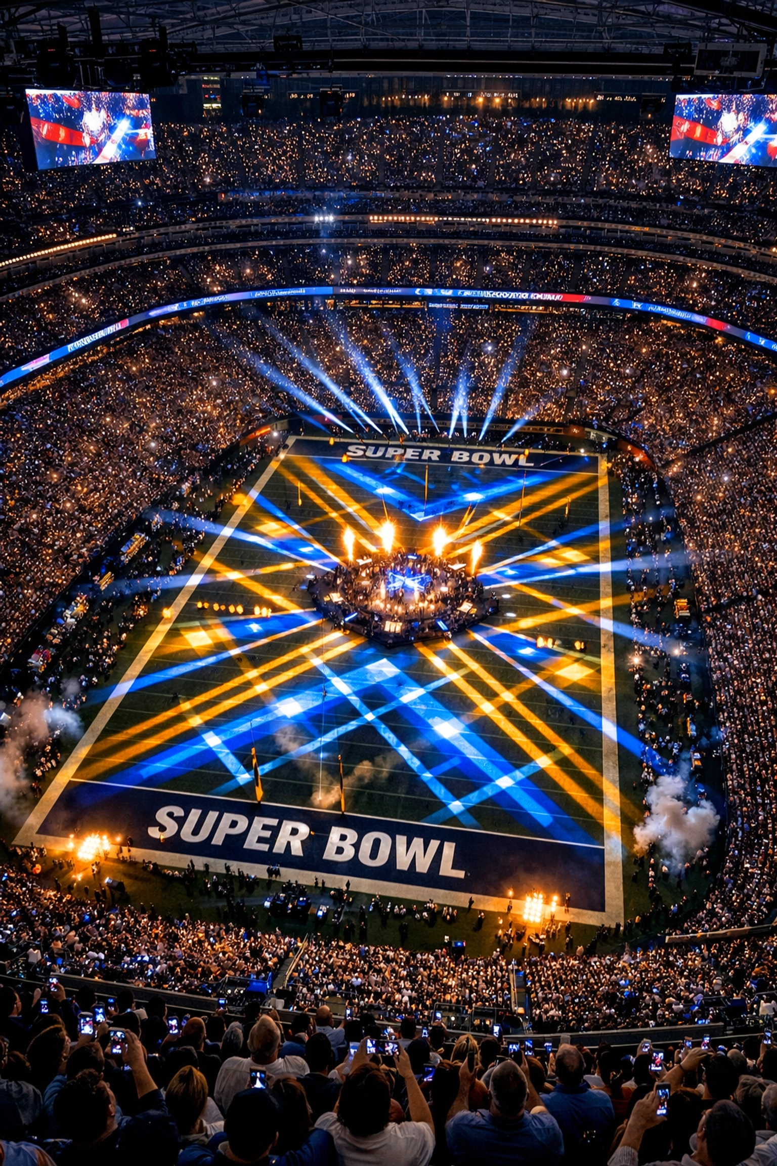 Aerial view of Super Bowl stadium during halftime show with massive audience attendance