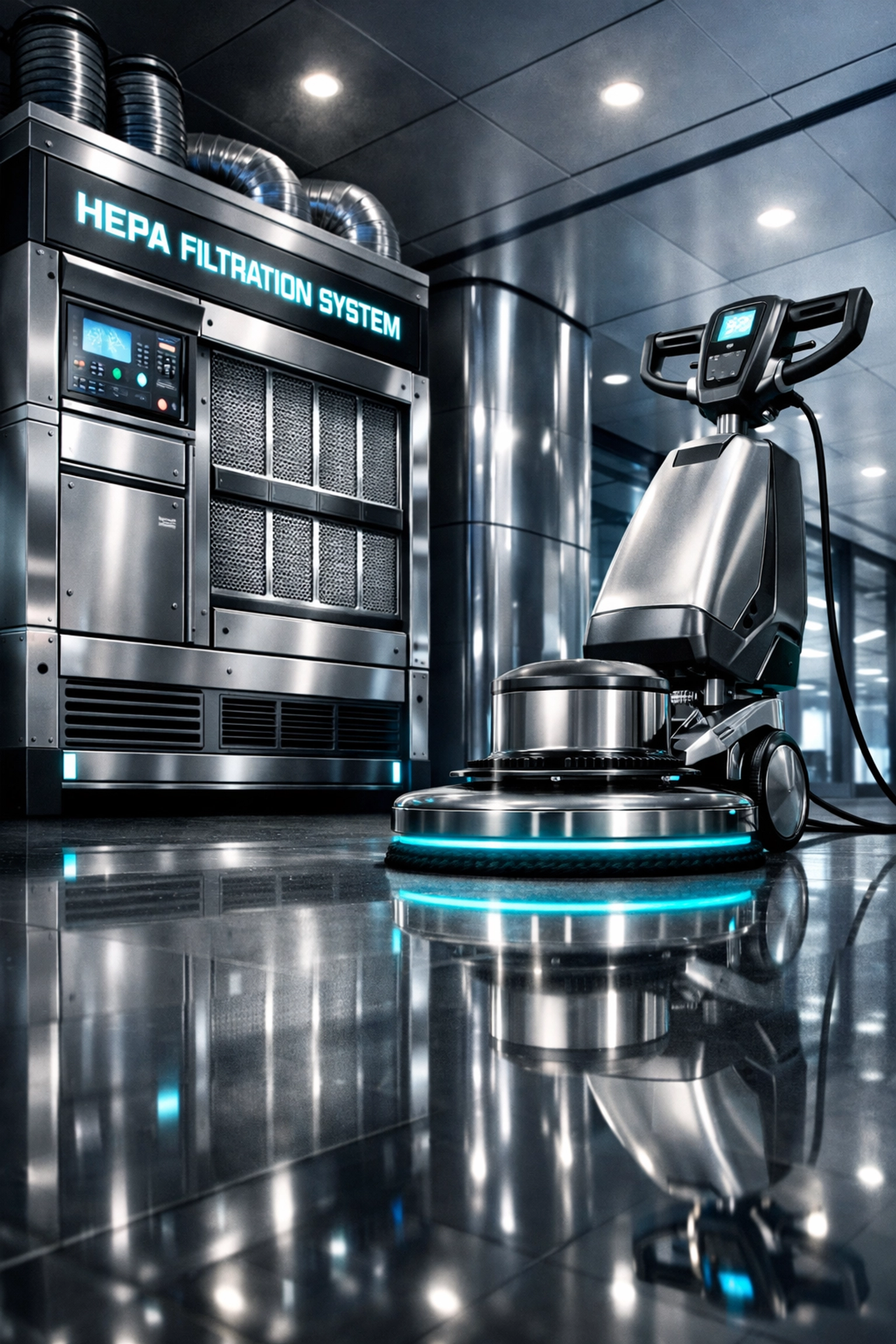 Professional floor buffing and HEPA filtration equipment in a polished Needham corporate lobby.