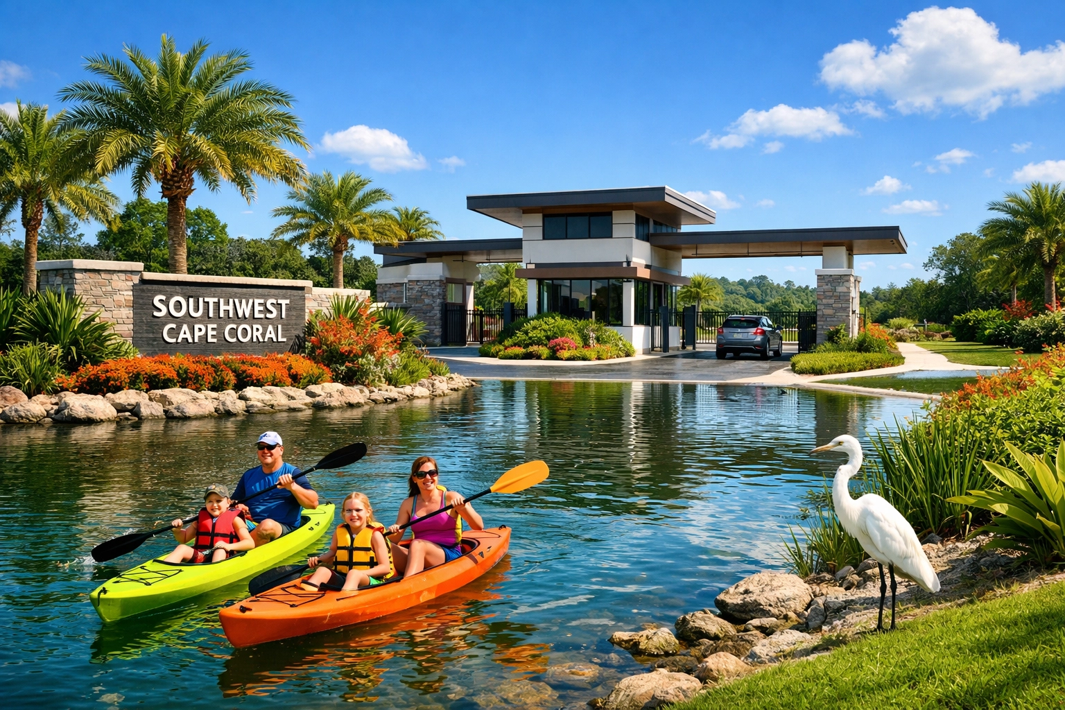 Modern gated community in Southwest Cape Coral with family kayaking on freshwater canal