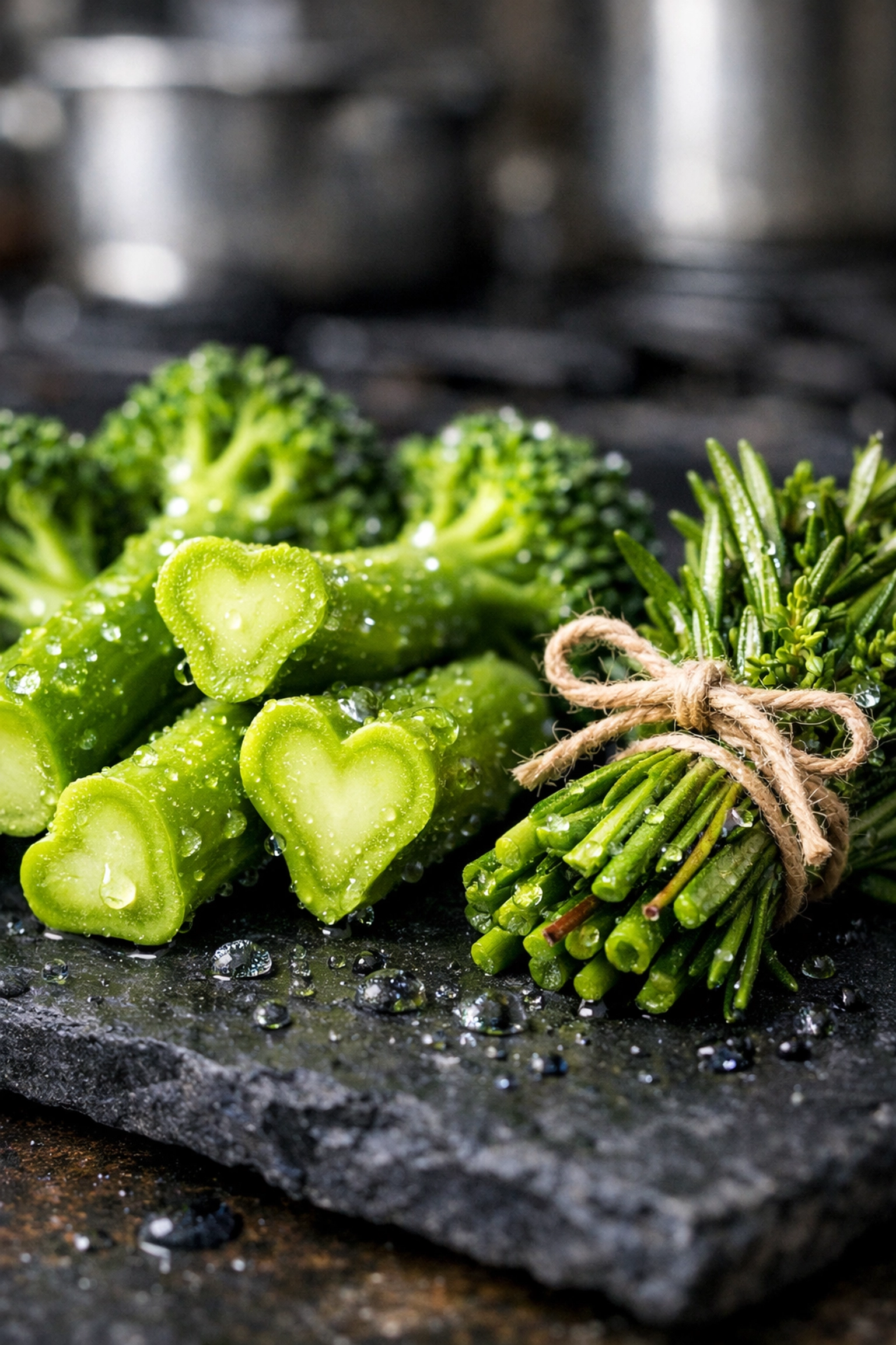 Close-up of fresh broccoli stems and herb bundles used in sustainable Southern culinary techniques.