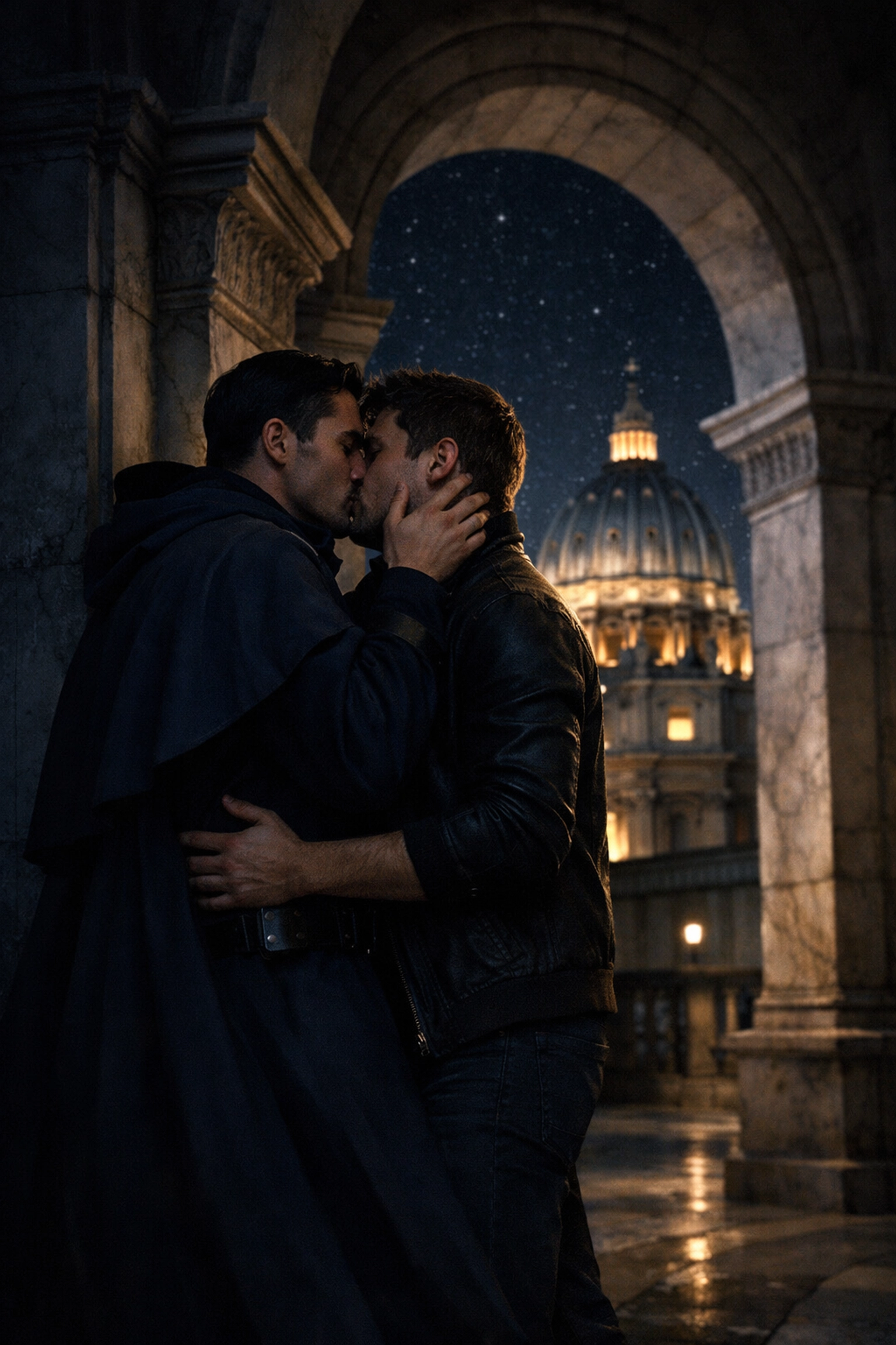 Two men share a passionate, secret embrace under a Vatican archway with St. Peter's Dome behind them.