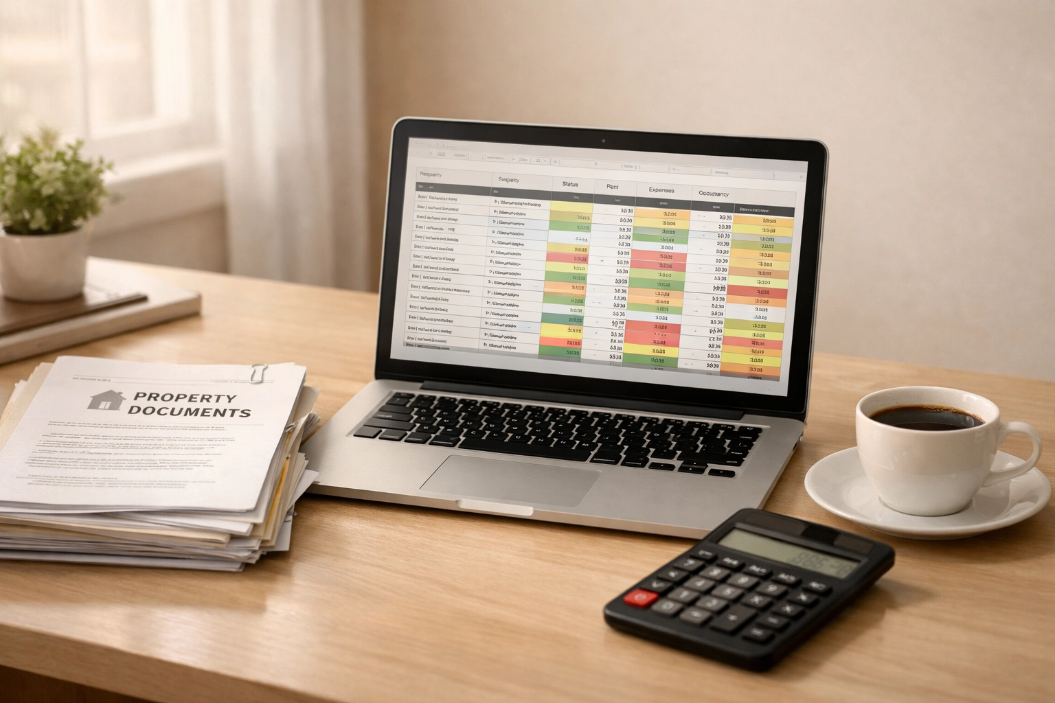 Laptop displaying property profitability data with documents and calculator on office desk