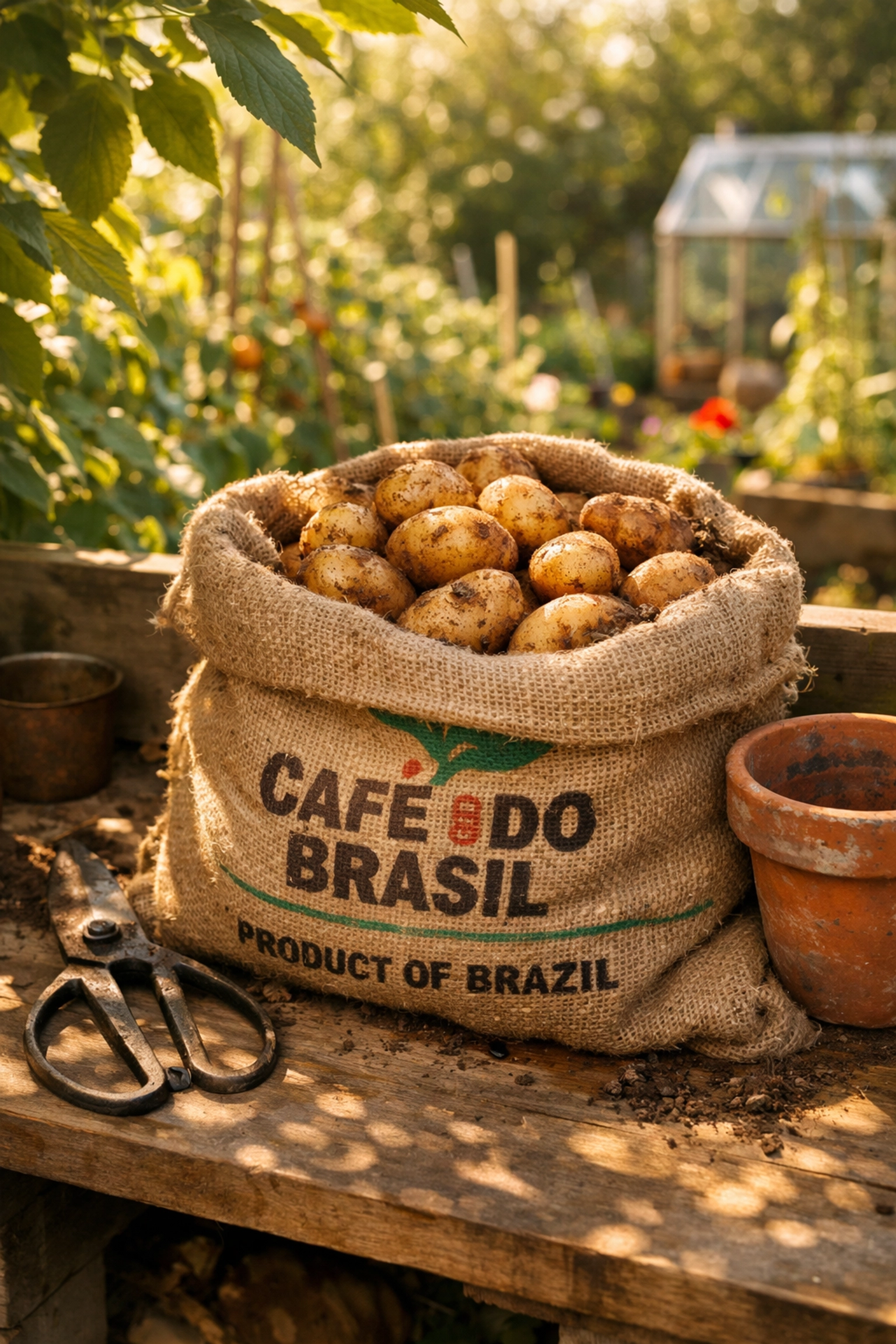 Upcycled jute coffee sack used for storing freshly harvested potatoes in a sunny garden.