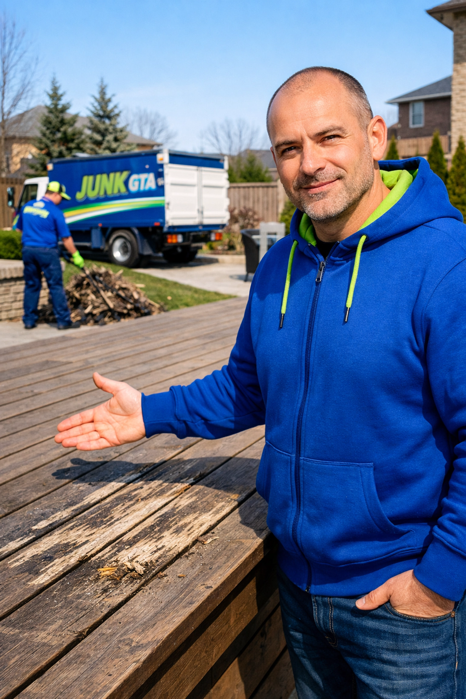 Roman from Junk GTA pointing to pressure washer damage on a wooden deck during a residential cleanup in Vaughan.