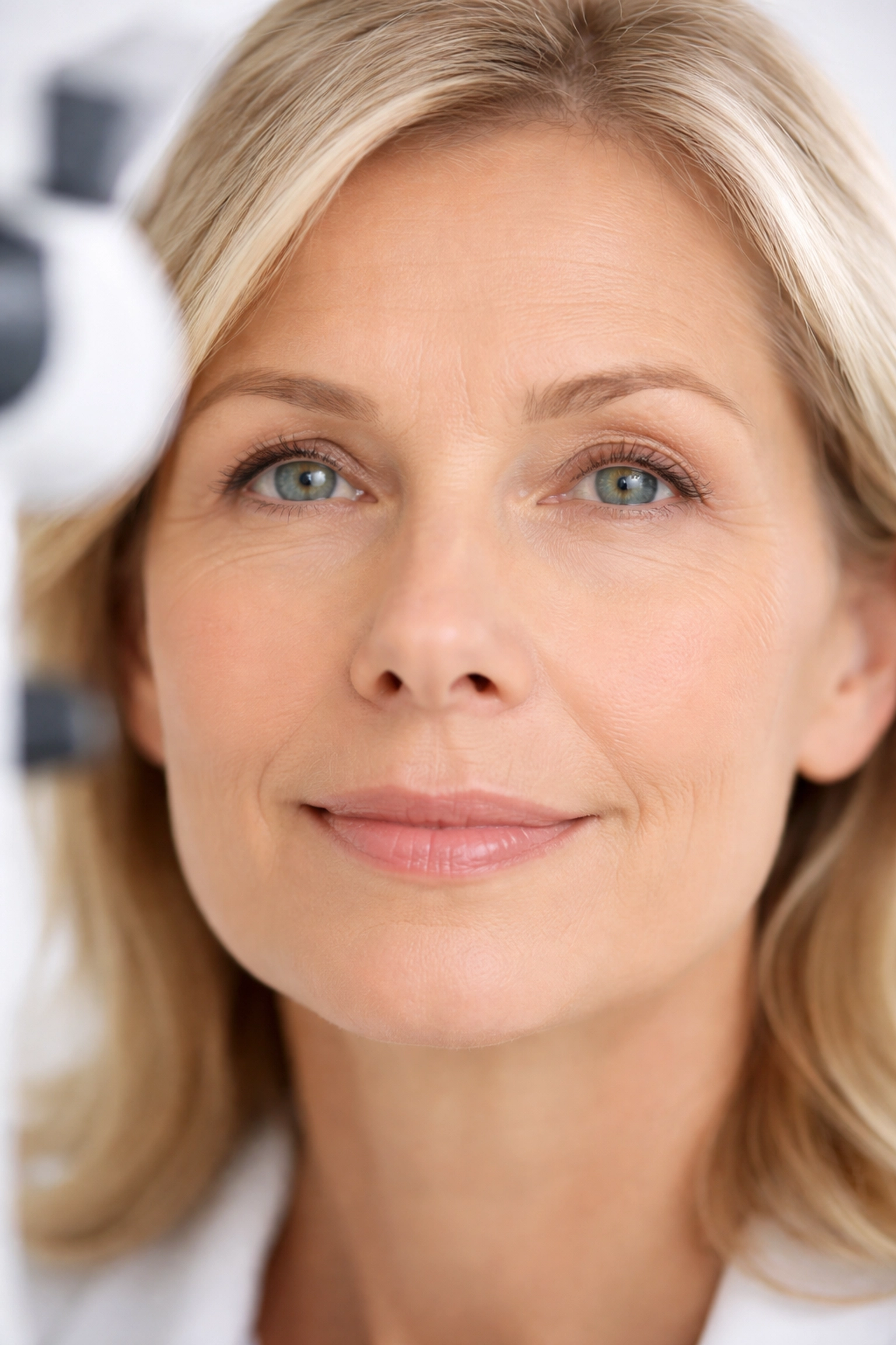 Close-up of an adult during an eye exam, highlighting monovision in post-surgery patients affecting night driving.