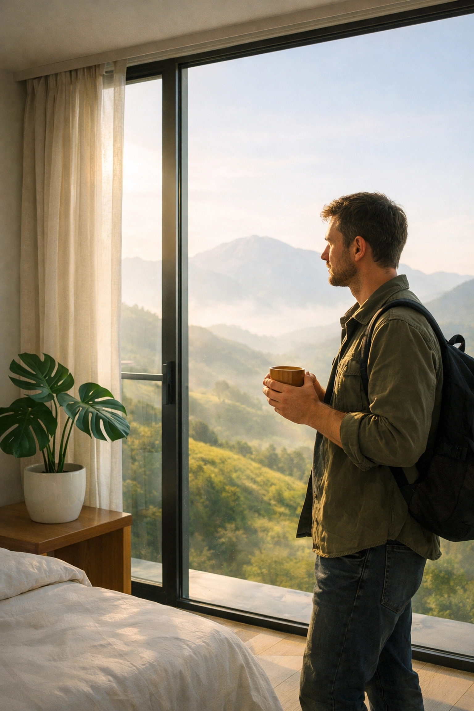 Traveler in a modern hotel reflecting on secure travel plans and insurance coverage.