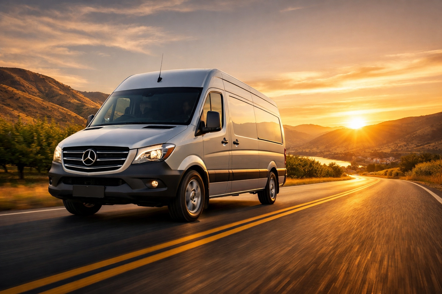 A professional Sprinter van driving through the Wenatchee valley after specialized diesel service.