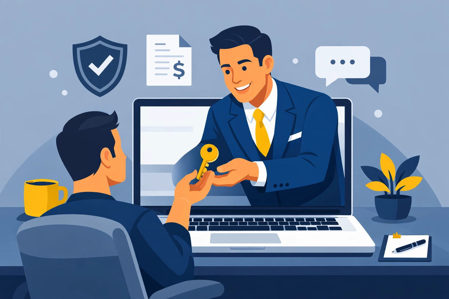 Virtual concierge tax professional providing expert guidance to a client in a home office via a laptop screen.