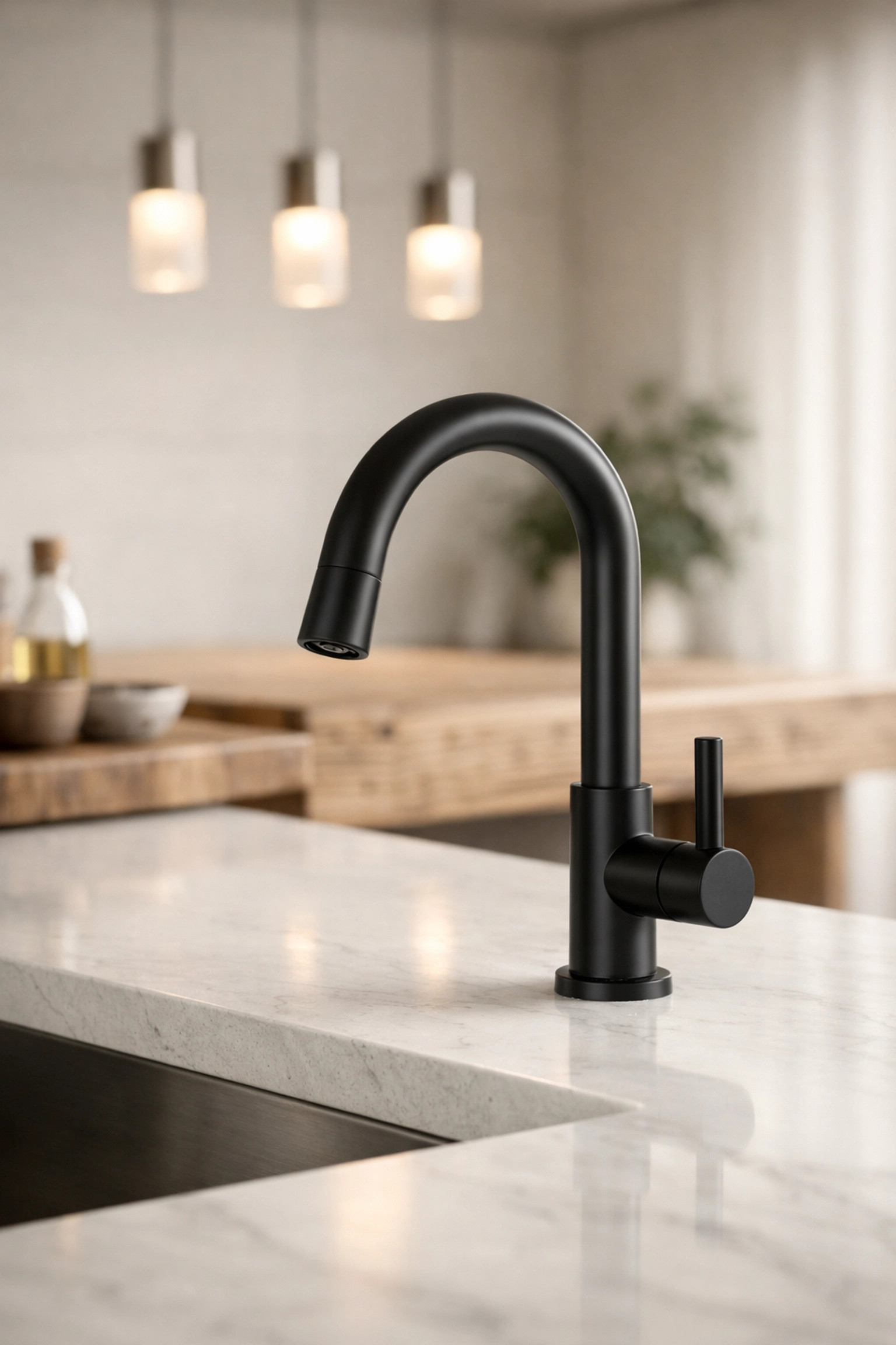 Modern kitchen featuring eco-friendly luxury materials, low-flow faucet, and stone countertops.