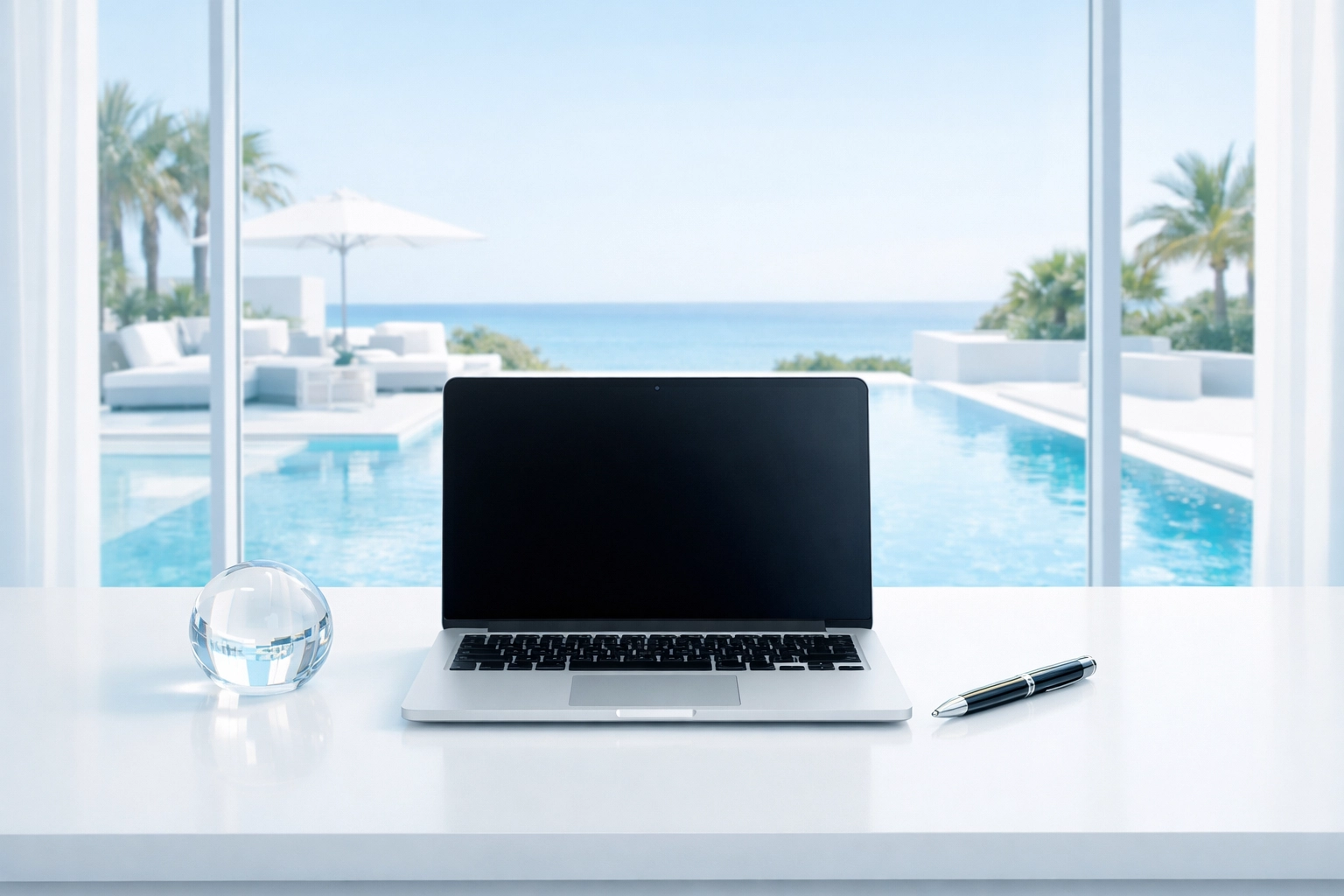 Organized office desk overlooking a pool representing clear financial records for pool route sales.
