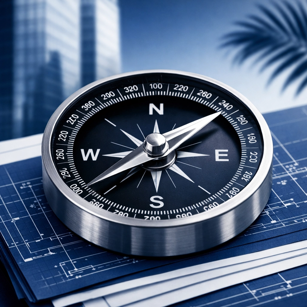 A minimalist compass on blueprints guiding investors toward global property diversification in Bali and Dubai.