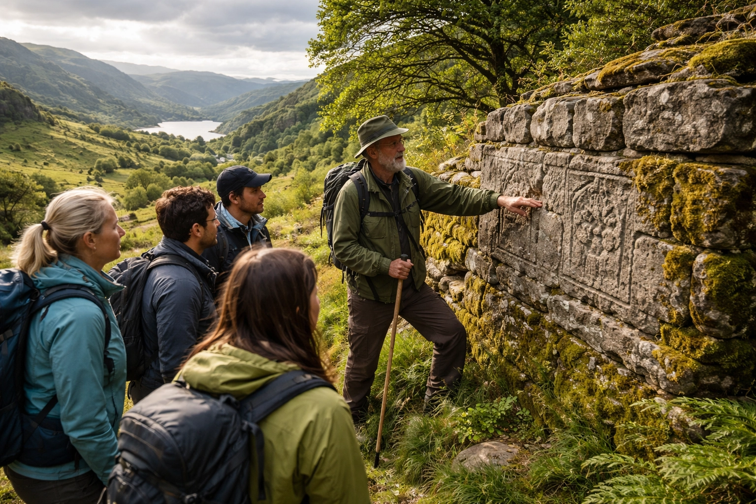 A guide leads hikers at an ancient stone wall in the Lake District for a guided walking tour UK experience