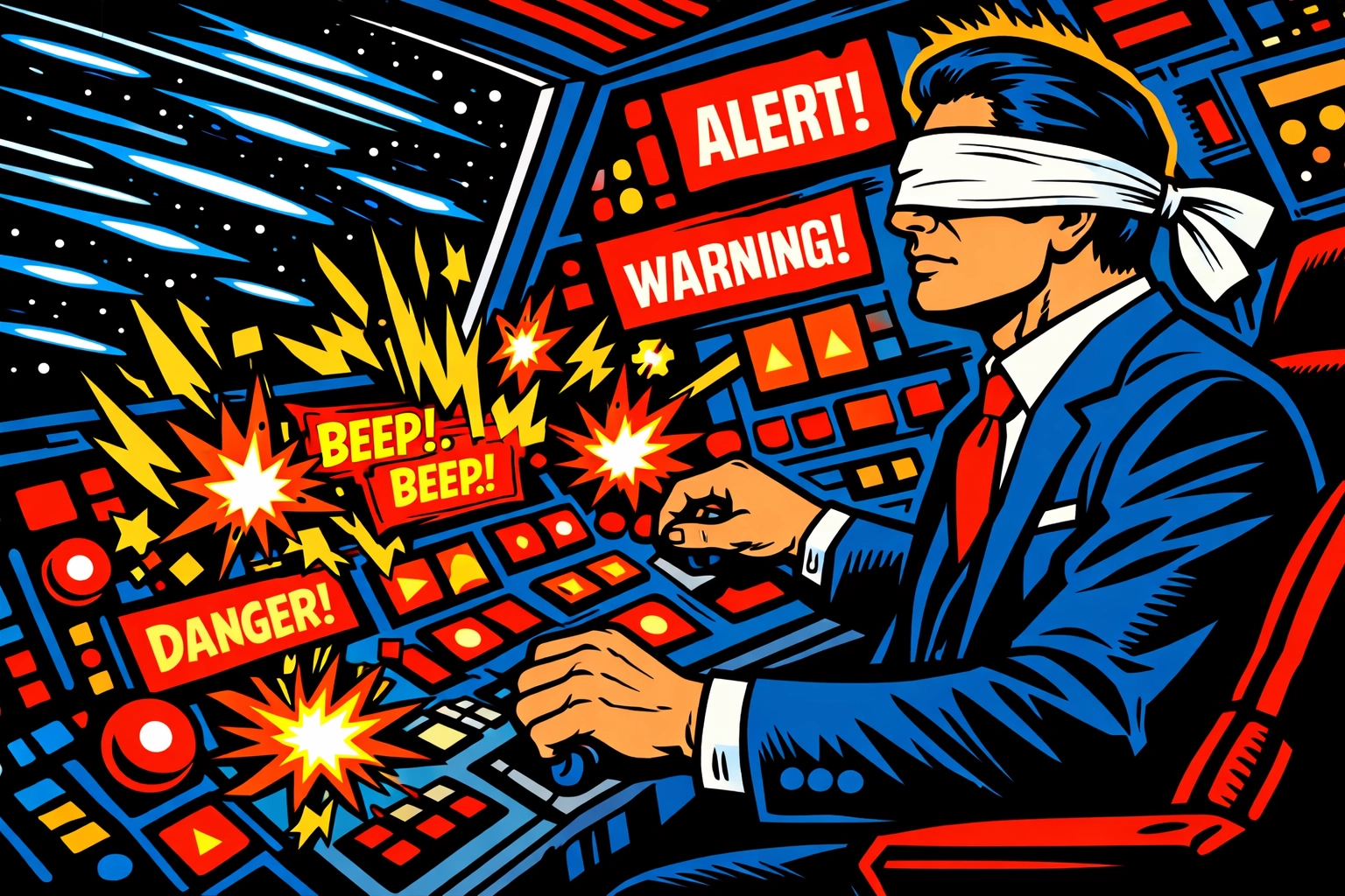 A blindfolded business owner ignoring warning lights, illustrating risks of unmonitored AI business automation.