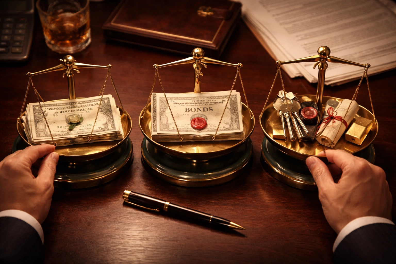 Investor adjusting symbolic scales for stocks, bonds, and alternative assets, emphasizing portfolio strategy