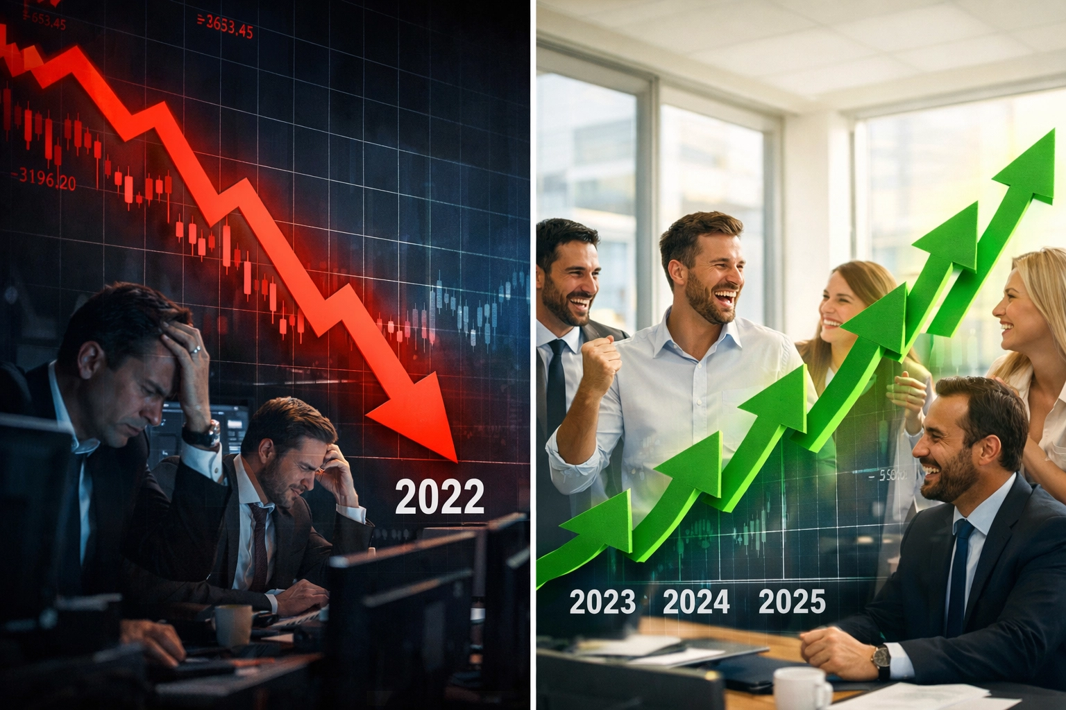 60/40 portfolio performance comparing 2022 market decline to 2023-2025 recovery gains