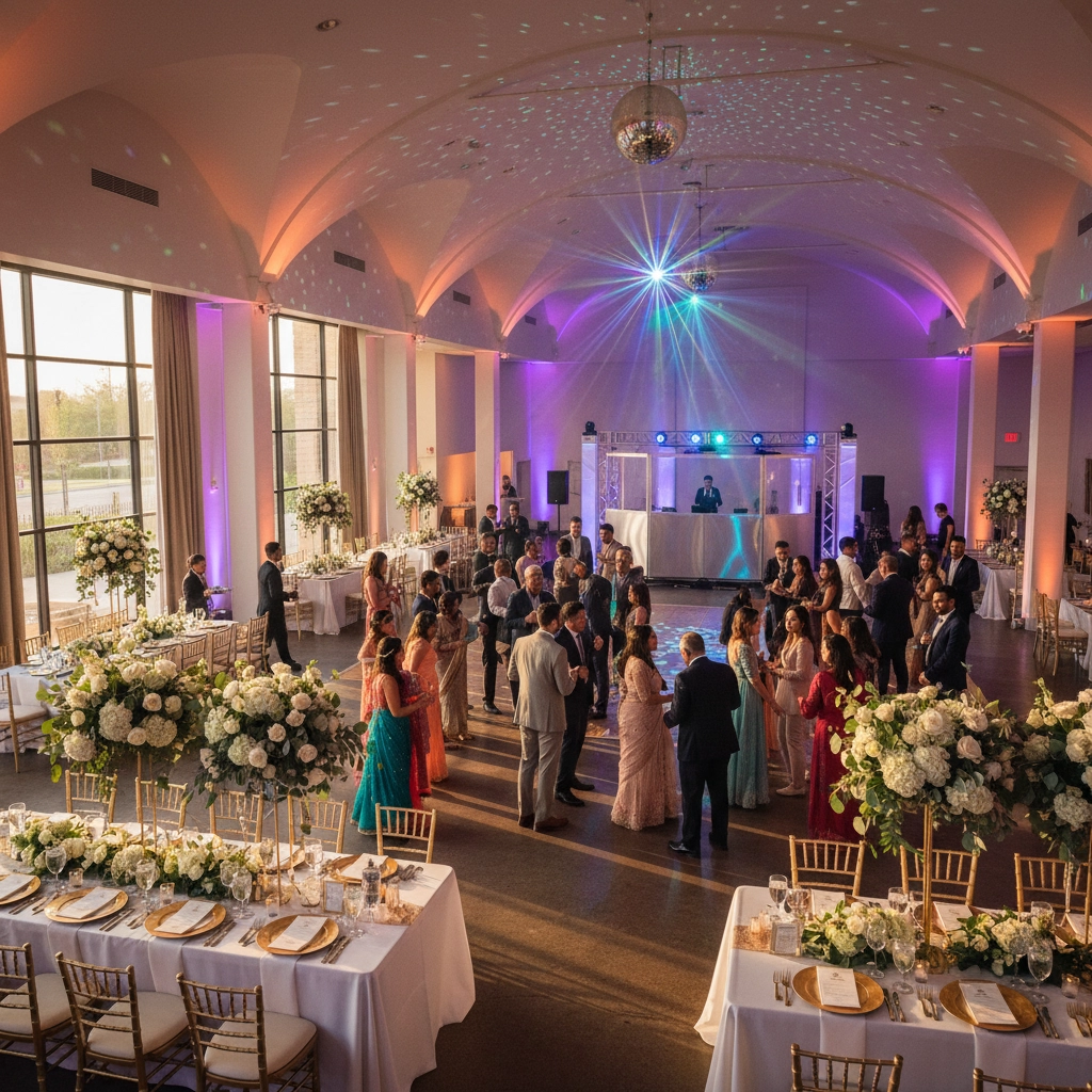 Elegant wedding reception with guests dancing. Tables adorned with white flowers. DJ booth under purple lighting, creating a festive atmosphere.