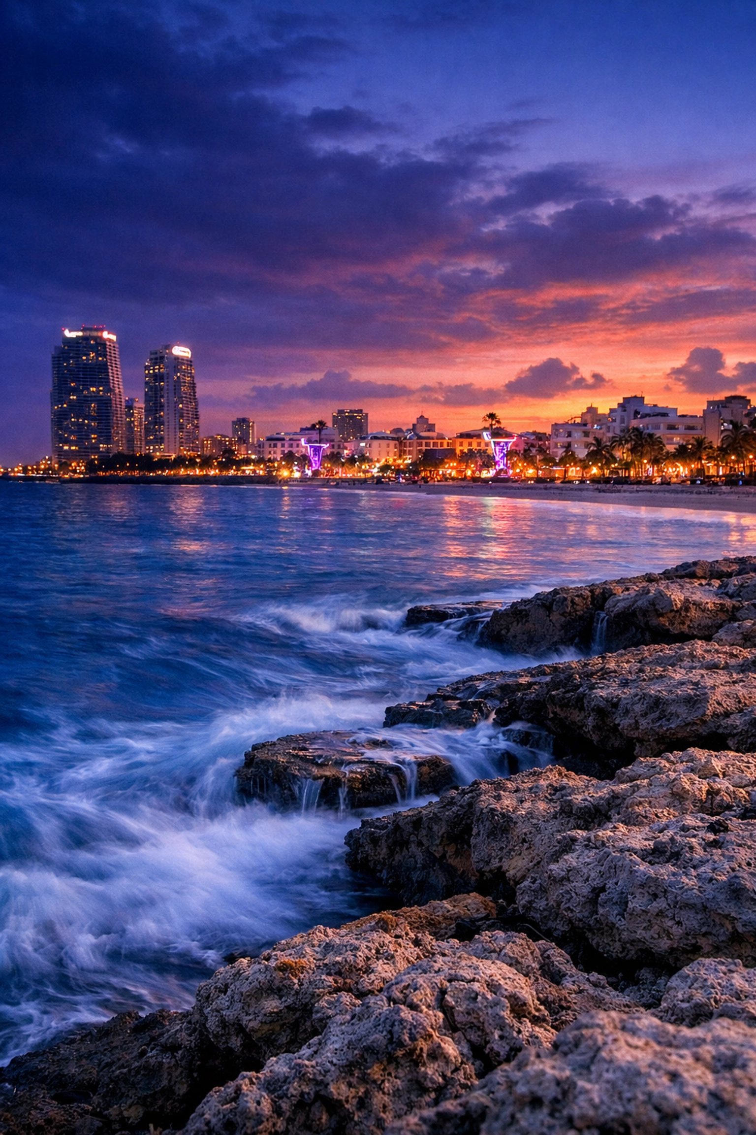 Stunning sunset at one of the best photography spots in Miami showing the South Beach coastline.