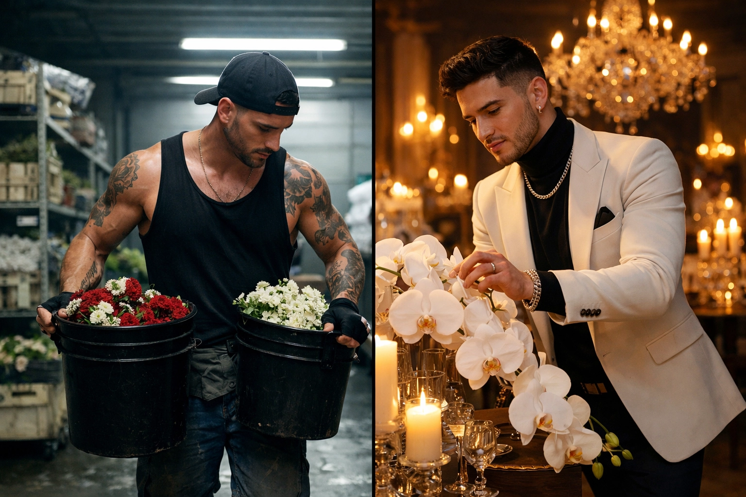 Gay florist balancing manual labor and luxury event floral design work