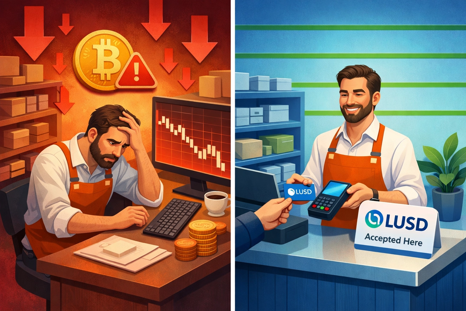 LUSD stablecoin payment stability compared to volatile cryptocurrency price fluctuations for merchants