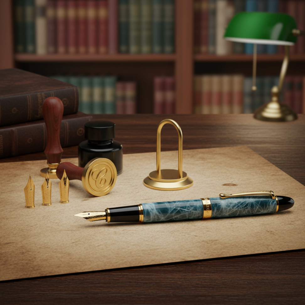 A marble-accented luxury fountain pen set representing the Silk Road finish