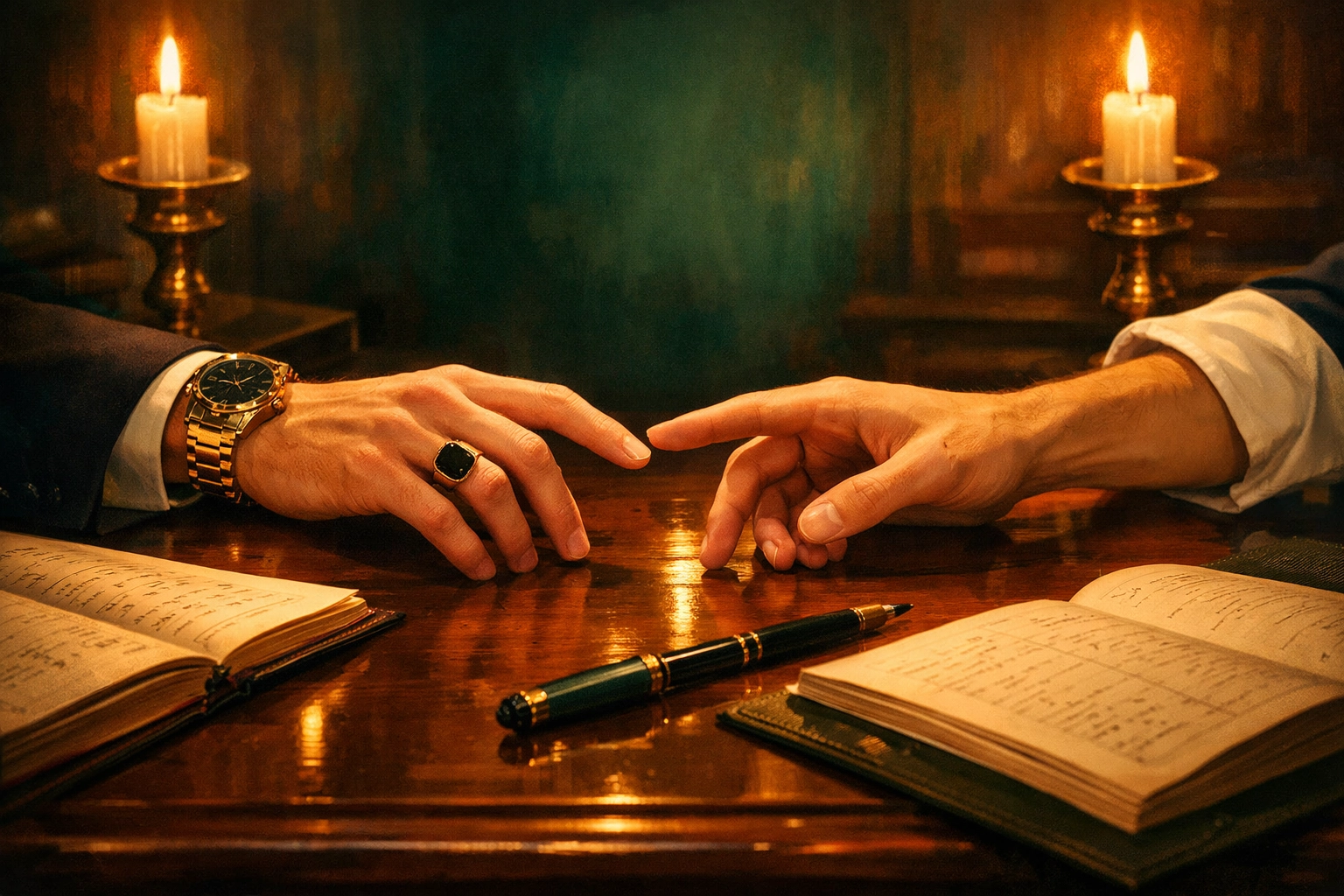 Two men's hands nearly touch across desk in gay romance depicting rich and poor class divide