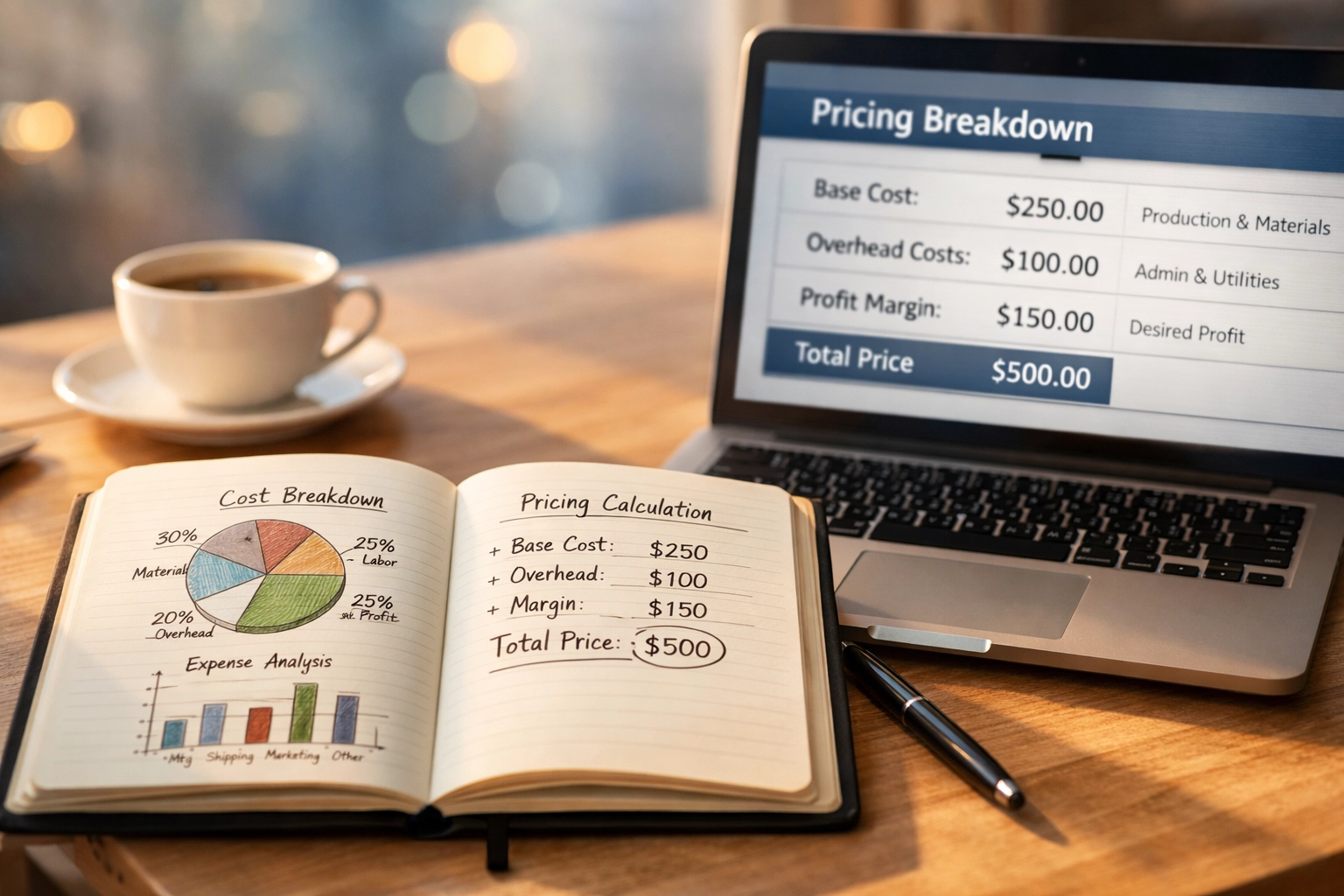 Transparent pricing breakdown with cost calculations on desk for ecommerce strategy