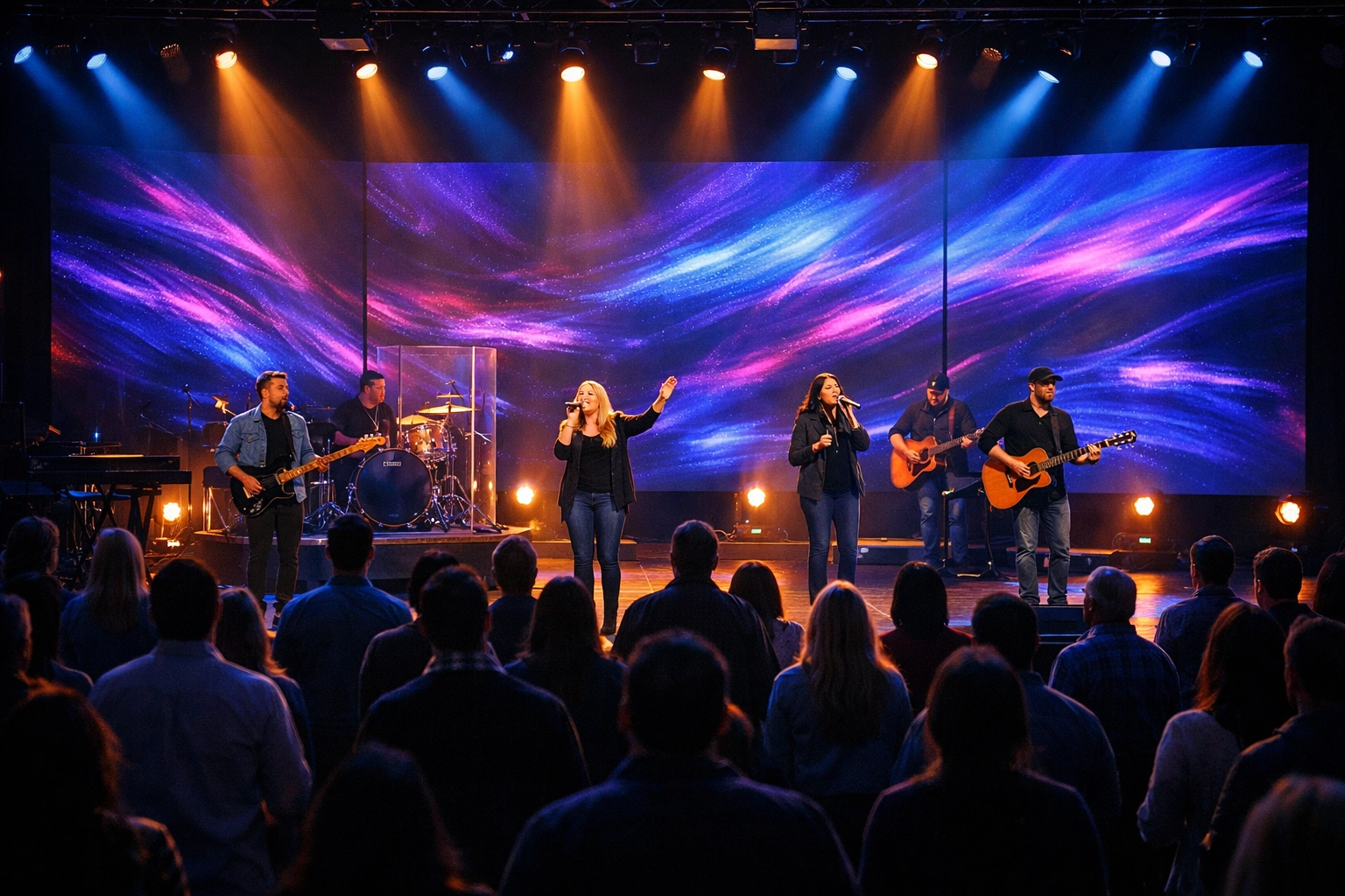 Contemporary worship service with LED wall backgrounds and band on church stage