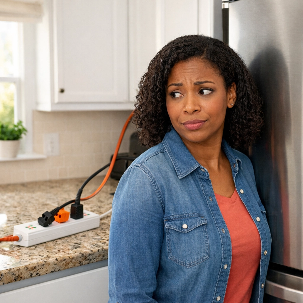 Homeowner discovers extension cord used as permanent wiring in kitchen, a common electrical code violation