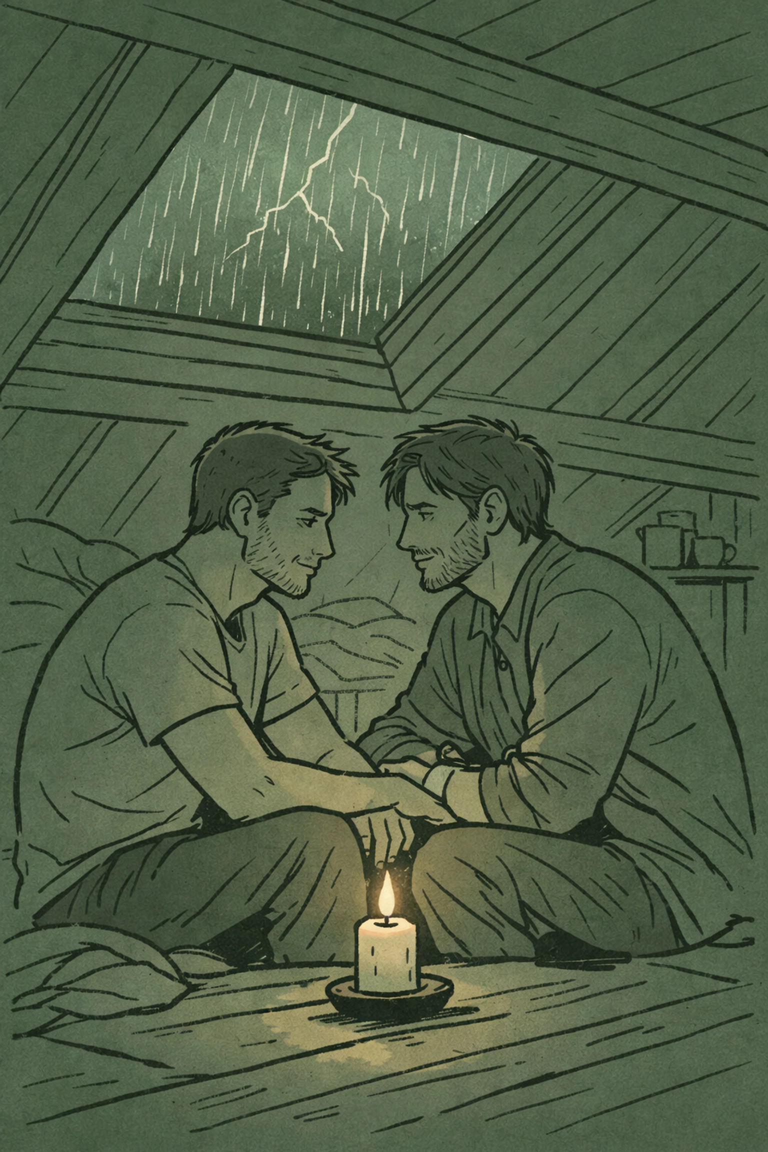 Brothers sharing vulnerable moment by candlelight in cabin loft during storm in emotional MM story